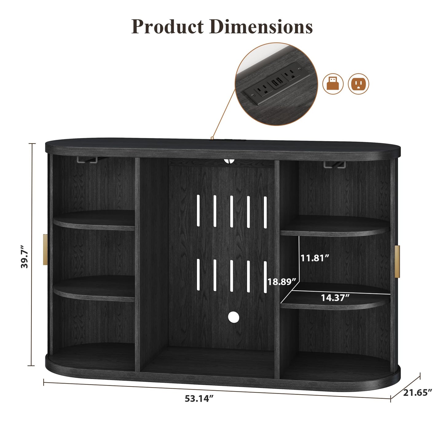 Jocoevol 53" Fluted Wine Bar Cabinet with Sliding Doors, Coffee Bar Cabinet with Charging Station & Glass Holder, Modern Liquor Whiskey Buffet Sideboard for Dining Room, Living Room, Kitchen (Black)