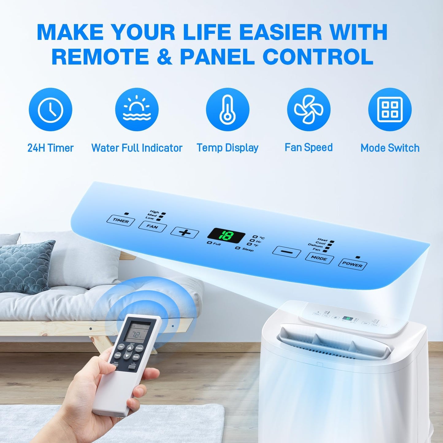 Air Choice 14000 BTU Portable Air Conditioner, 4-in-1 Air Conditioner Portable for Room Up to 700 Sq.Ft. with Remote, Auto Swing, Quiet AC Unit as Heater Dehumidifier Fan, 24H Timer, Window Kit, White