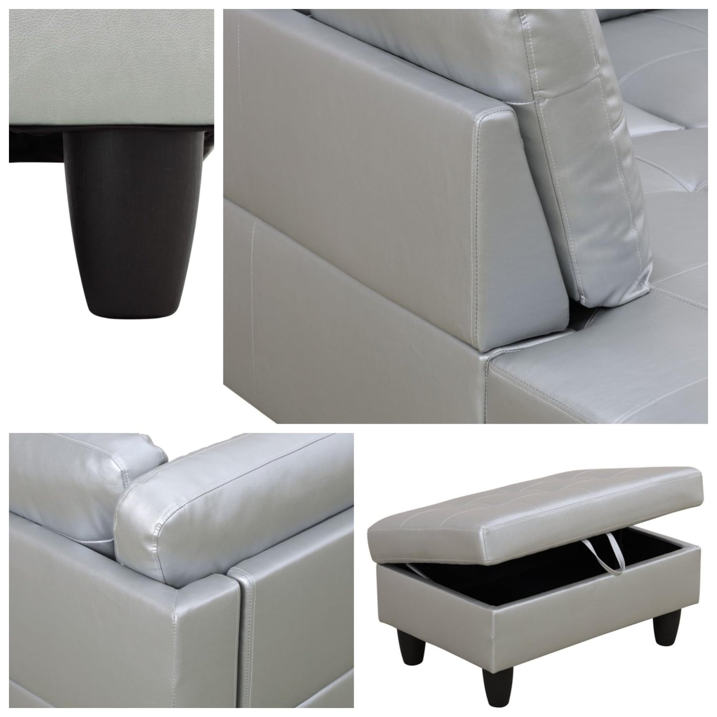 Trygoal 103.5" Sectional Couches for Living Room, Leather 4 Seat L Shaped Couch with Chaise, 3-Piece Modular Sofa with Storage Ottoman, Home Furniture Sets for Apartment Office, Silver