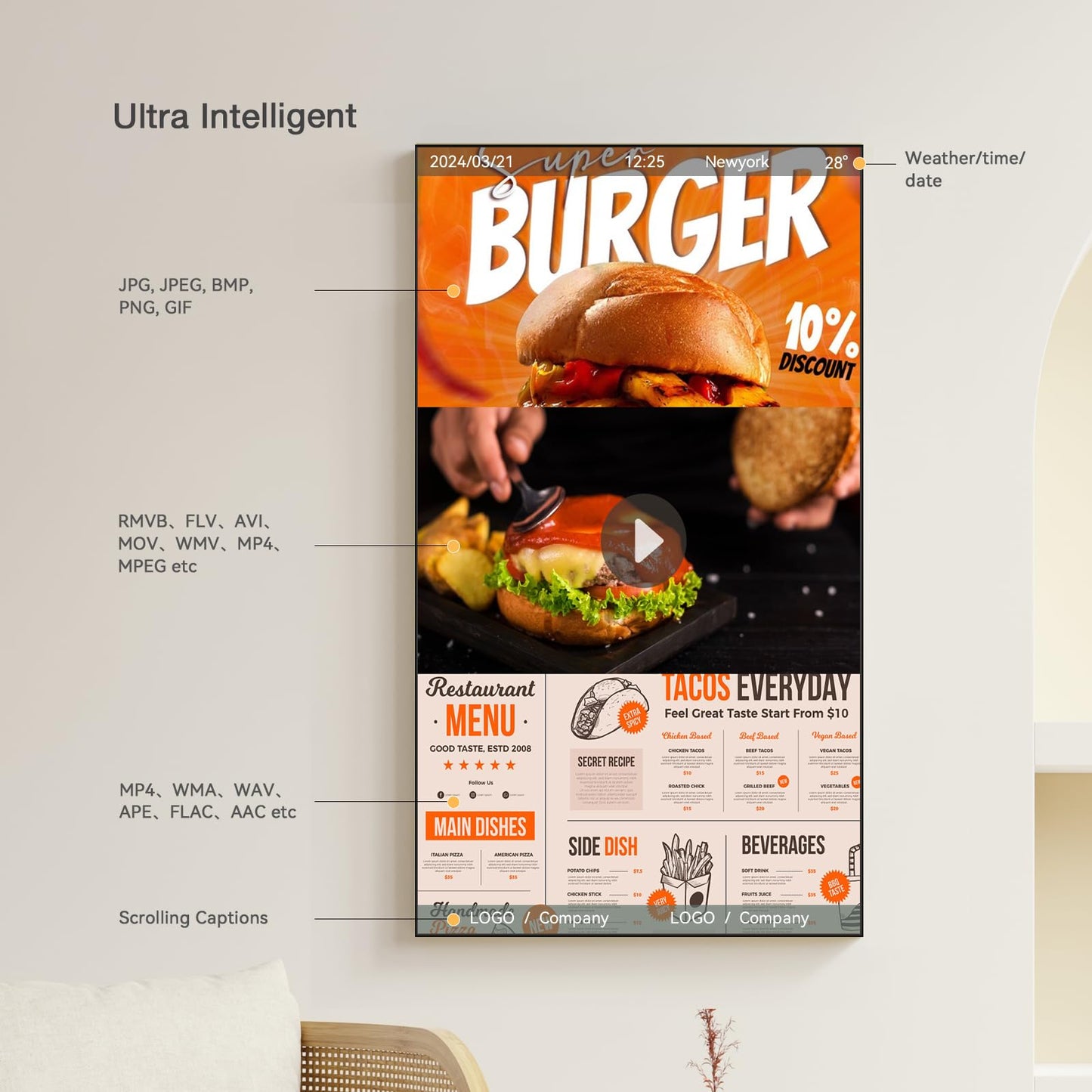 Canlarriz Digital Signage Display 50 inch Wall Mount Digital Menu Board for Restaurants and Stores Advertising Screen 1000 nits Ultra-High Brightness 4K UHD Free Web Content Editor Android 4GB + 32GB