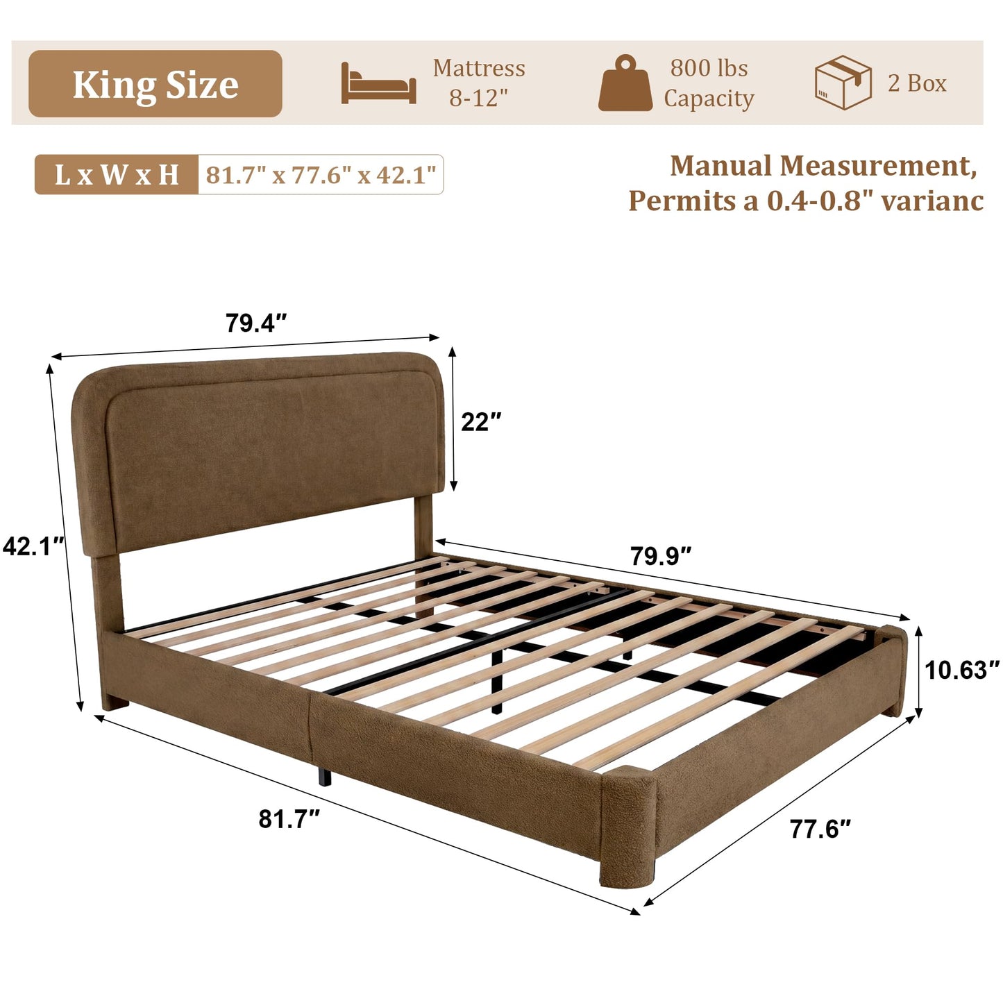 Vipbear Boucle King Size Bed Frame with Adjustable Headboard, Upholstered Cloud Platform Bed Frame with Wood Slats, Noise-Free King Bed, No Box Spring Required, Easy Assembly, Sand Brown