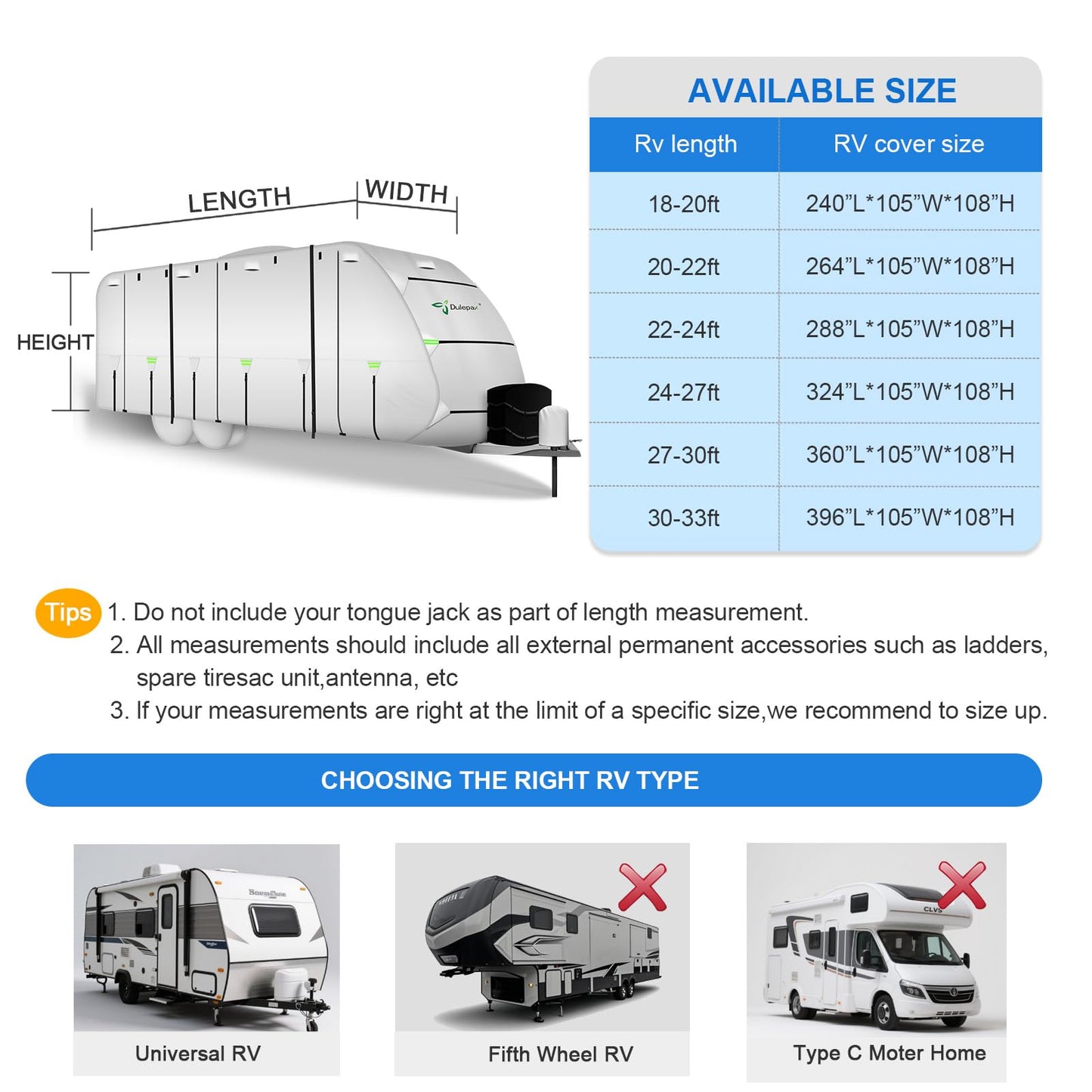 Dulepax Oxford RV Cover 27'-30' Travel Trailer Cover,Waterproof Camper Cover with 420D Oxford Fabric Anti-UV, Weatherproof, Ripstop Utility Trailer Covers