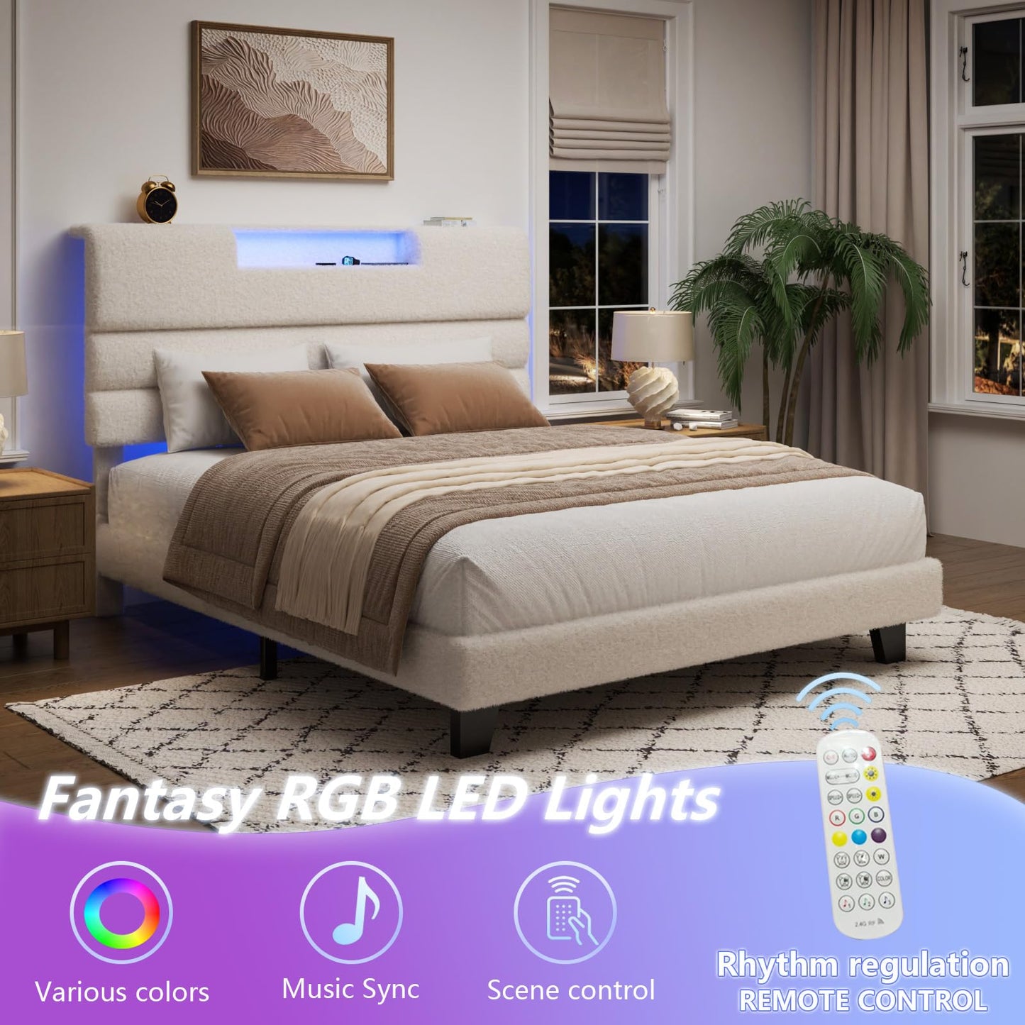 Queen Bed Frame with Upholstered Headboard, Boucle Platform Bed Frame with LED Lights and Charging Station, Type C& 2-Tier Storage Shelves, Modern Bedroom Furniture, No Box Spring Needed, Beige
