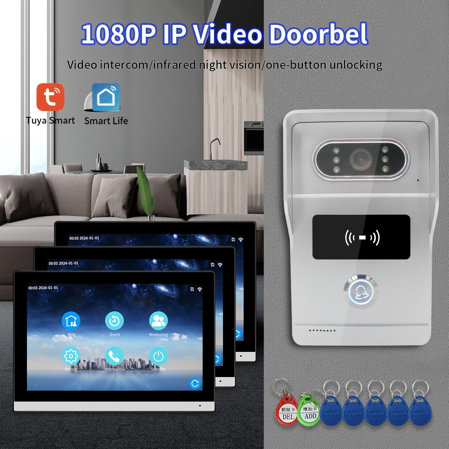 WiFi IP Video Apartment Intercom System,1080P Camera and 6 PC 10 inch Touch Screen Monitor Wired Monitor,Door Phone Kit with 32G Card, Tuya