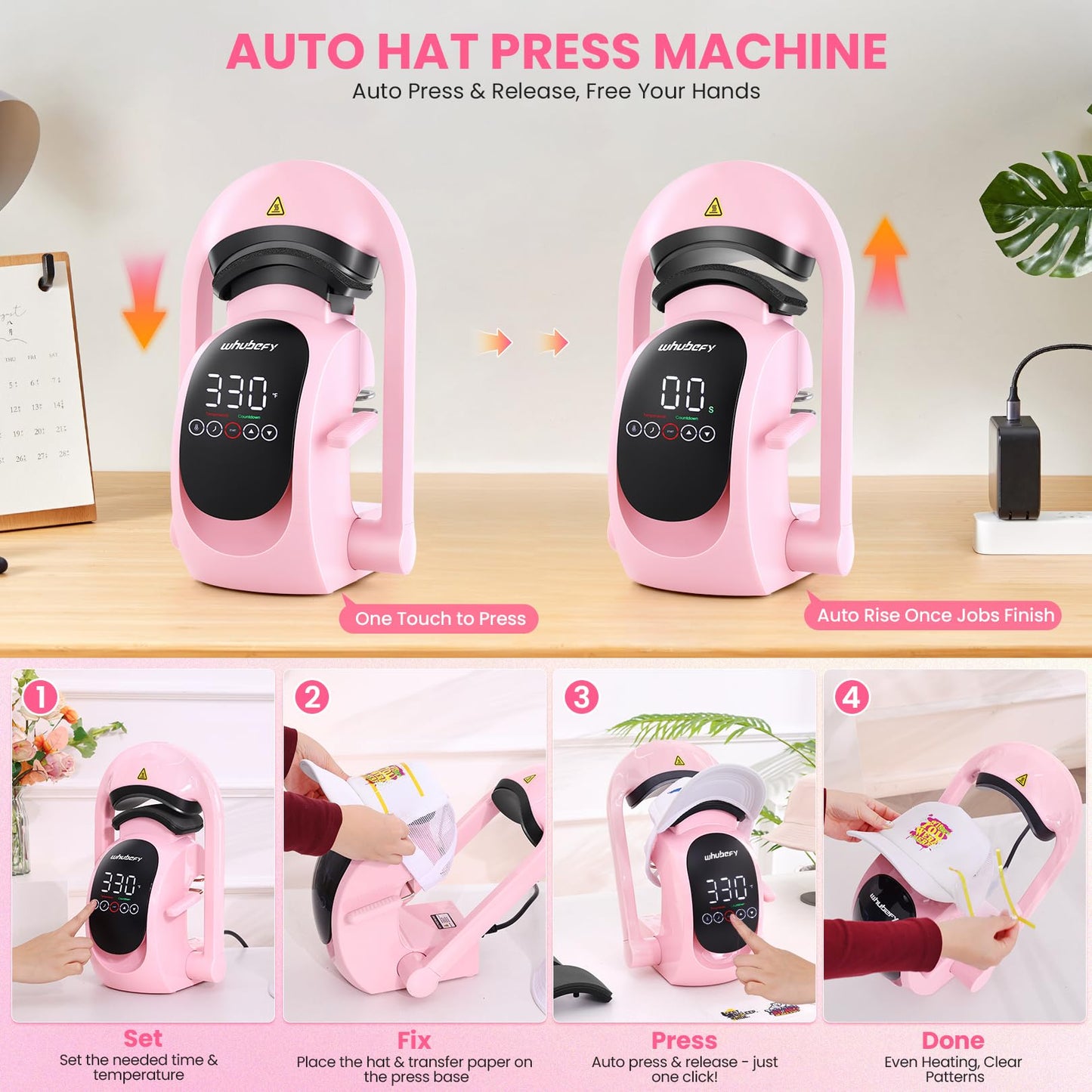 Whubefy Auto Hat Heat Press Machine, 3-in-1 Hat Press Heat Machine for Caps with 3 Platens, Blank Cap, Gloves, Automatic Open/Release, Heat Transfer Cap Heat Press HTV Iron On for Vinyl, Sublimation