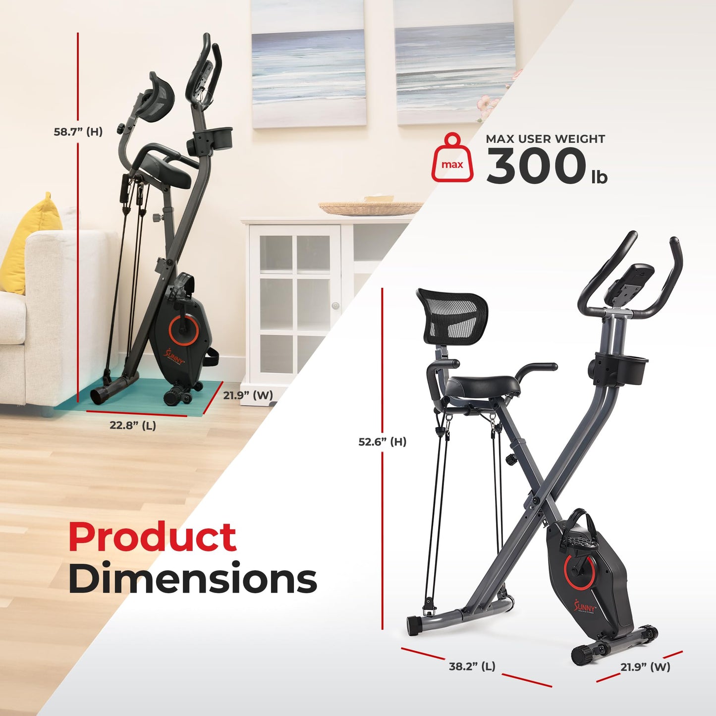Sunny Health & Fitness Foldable Magnetic Stationary Exercise X-Bike Pro, 300 LB Capacity, Low-Impact, 14-Level Resistance, Ergonomic Support, SunnyFit App Enhanced Connectivity - SF-B223012