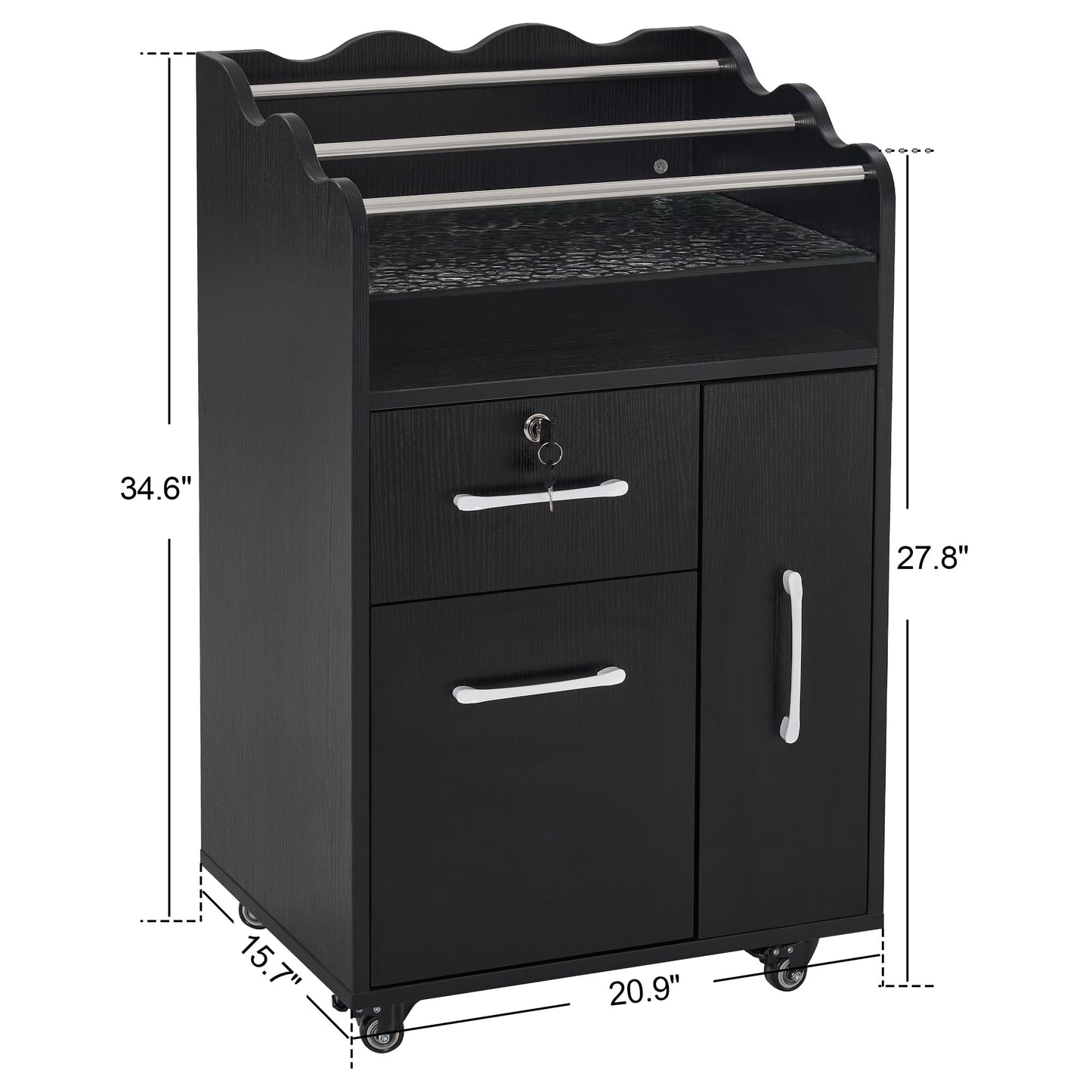 BarberPub Salon Cart with Storage Drawer Cabinet Barber Trolley with Wheels Rolling Salon Cart for Hair Stylist Beauty Organizer 2045 (Black)