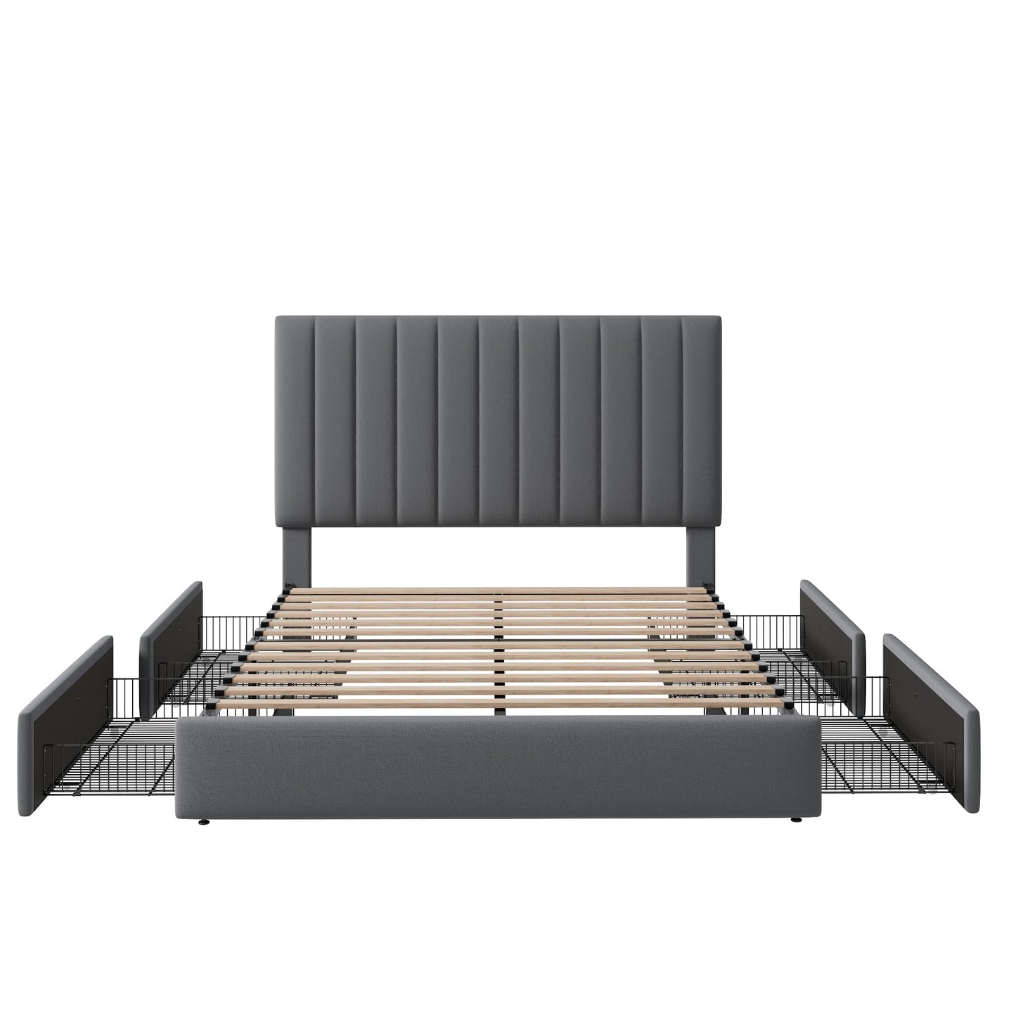 Allewie Queen Size Storage Bed Frame, Vertical Channel Tufted Adjustable Headboard, Velvet Upholstered Platform Bed with 4 Oversized Underbed Drawers, Wooden Slats Support, No Box Spring Needed, Grey