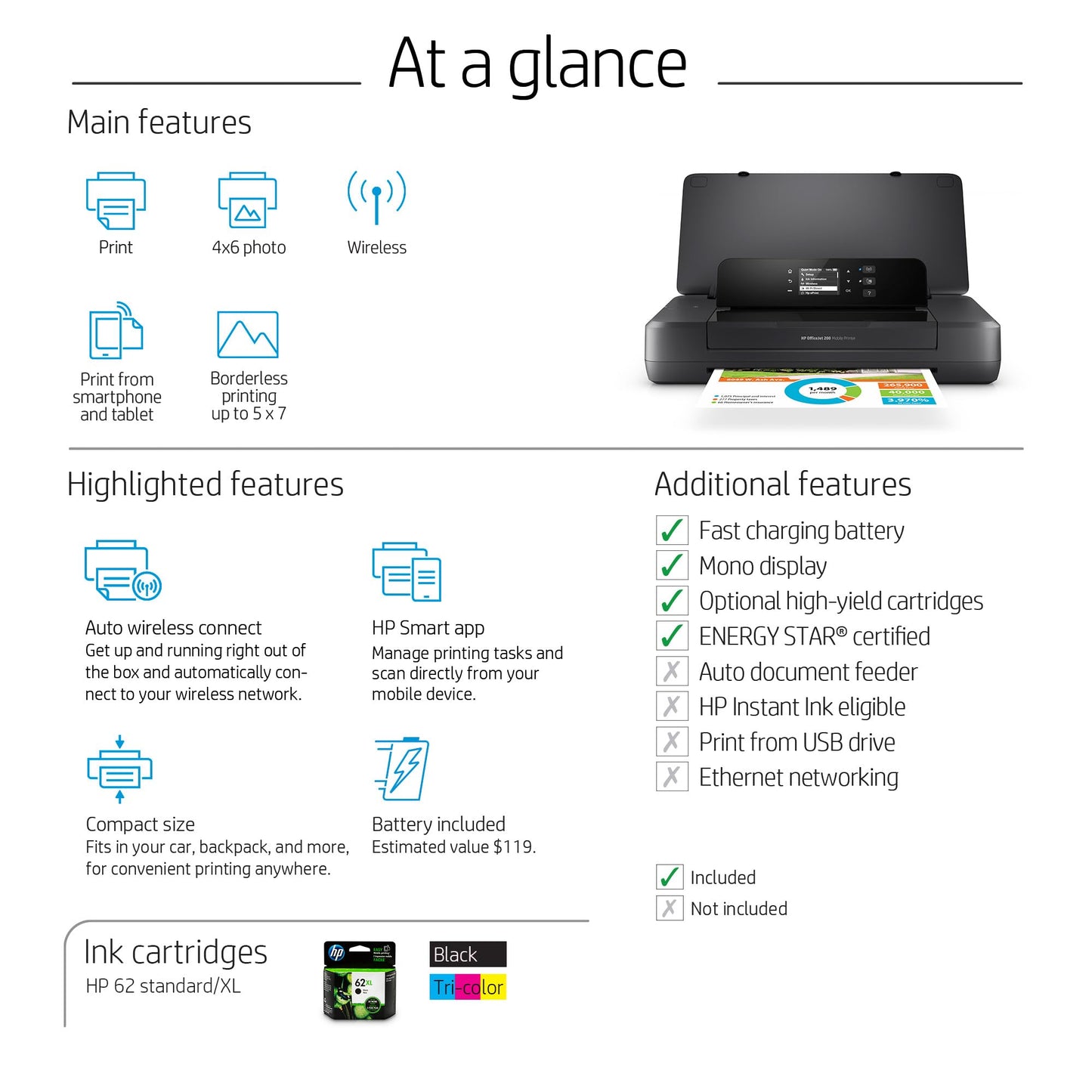 HP OfficeJet 200 Wireless Mobile Printer - Black, Battery Included (CZ993A)