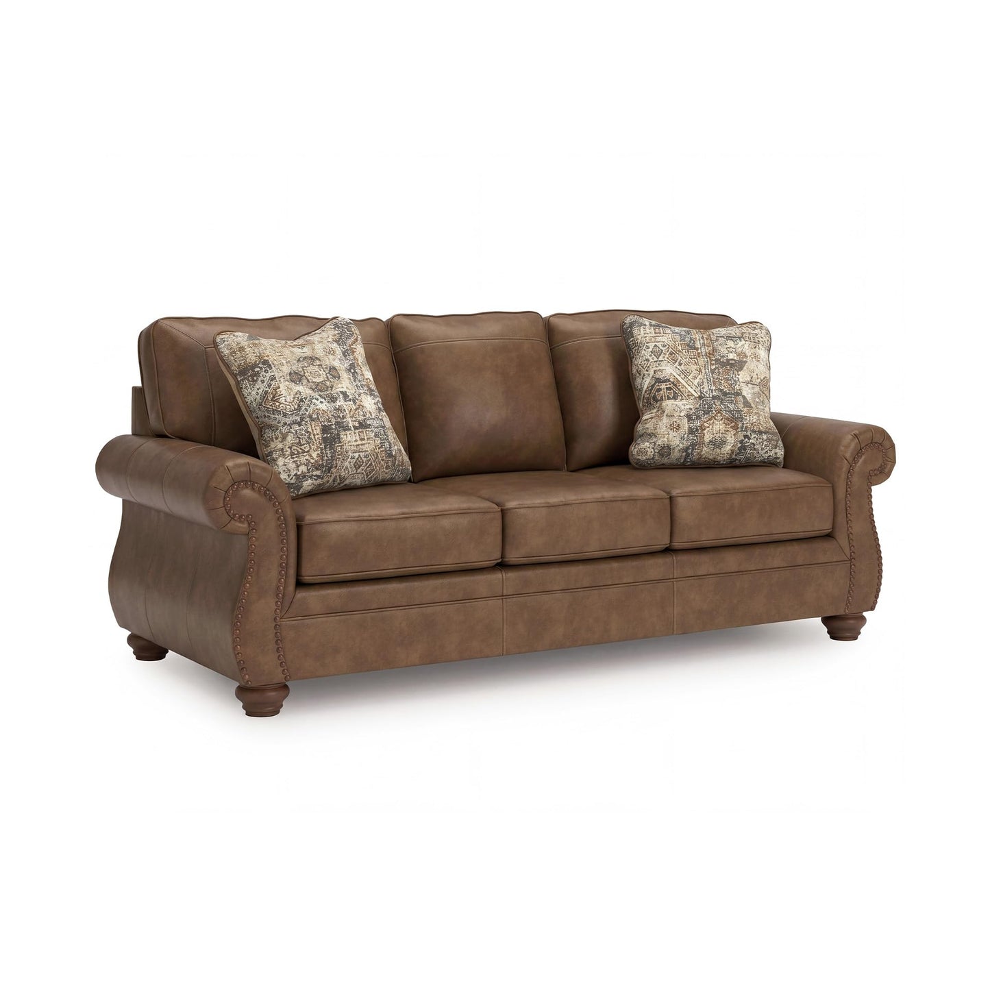 Signature Design by Ashley Shadsburne Rustic Faux Leather Sofa with Nailhead Trim and 2 Throw Pillows, Brown