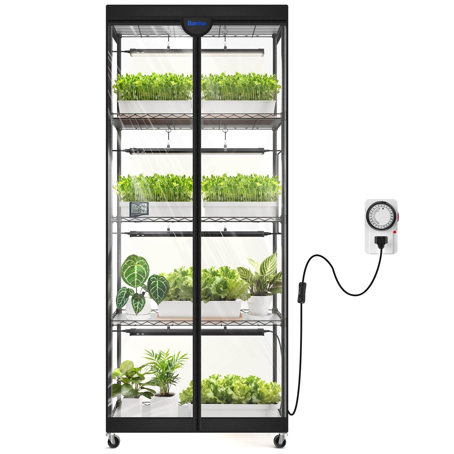 Barrina LP750 Indoor Greenhouse with Grow Light, 5-Tier Plant Stand with Light 140W TX-S35 2FT, 5000K Full Spectrum Plant Shelf with Tent, Timer & Thermometer for Seed Tray Growth 29.5 x 13.8 x 70.9IN