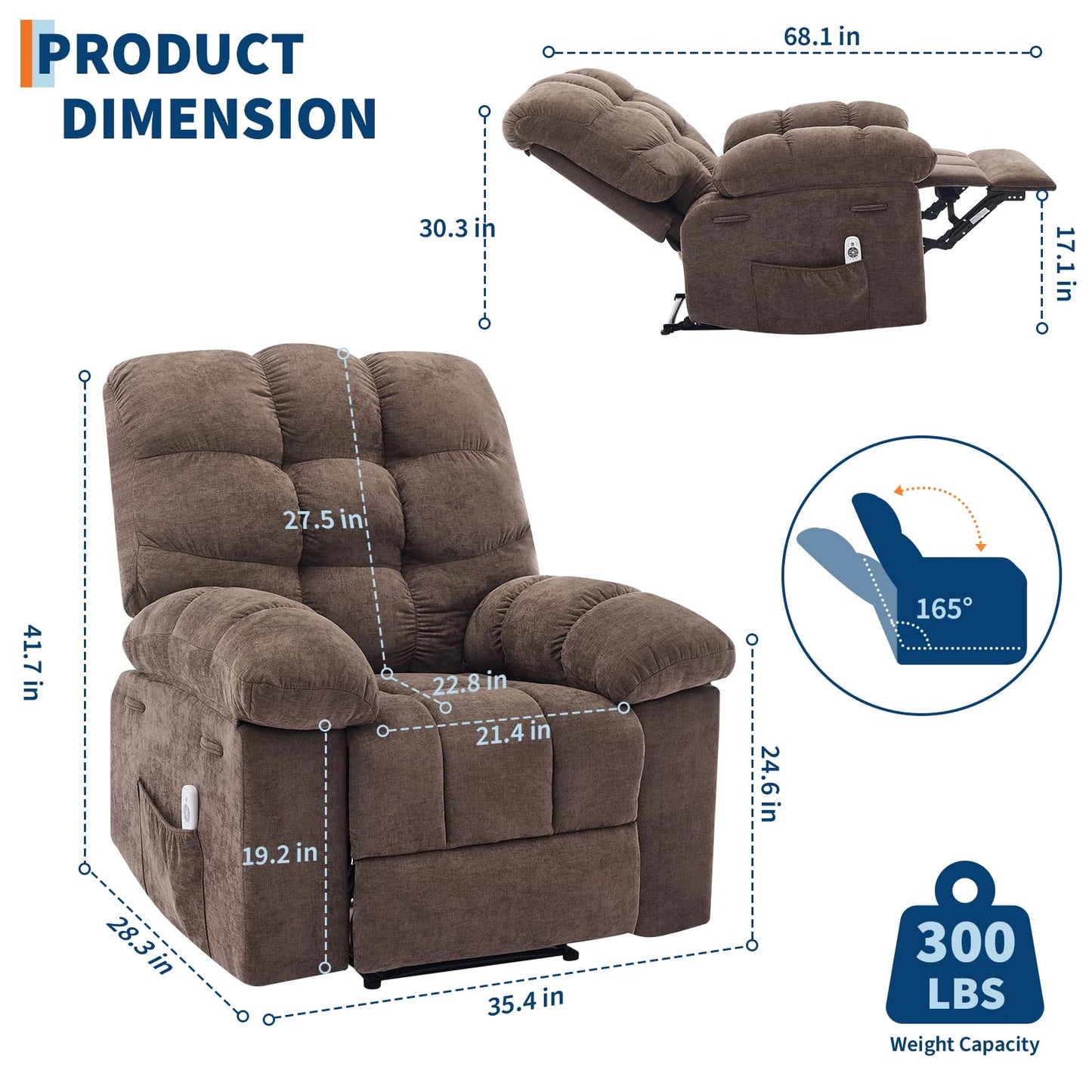 Light Brown Ergonomic Recliner Chair - Overstuffed Rocking Recliner with Massage & Heat, Wide High-Back Linen Reclining Chair, Manual Adjustable with Remote & Dual Side Pockets for Living Room Bedroom