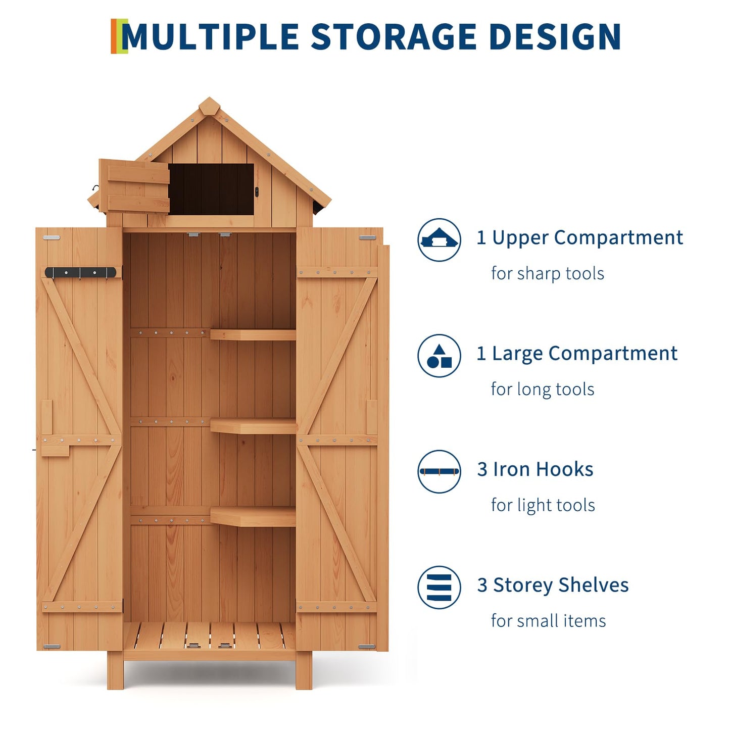 Outdoor Storage Cabinet, 70in Wooden Vertical Garden Tools Shed, Waterproof, Lockable Doors, 3 Adjustable Shelves, Multi-Wall Garden Organizer for Yard Deck Lawn Farmland Equipment