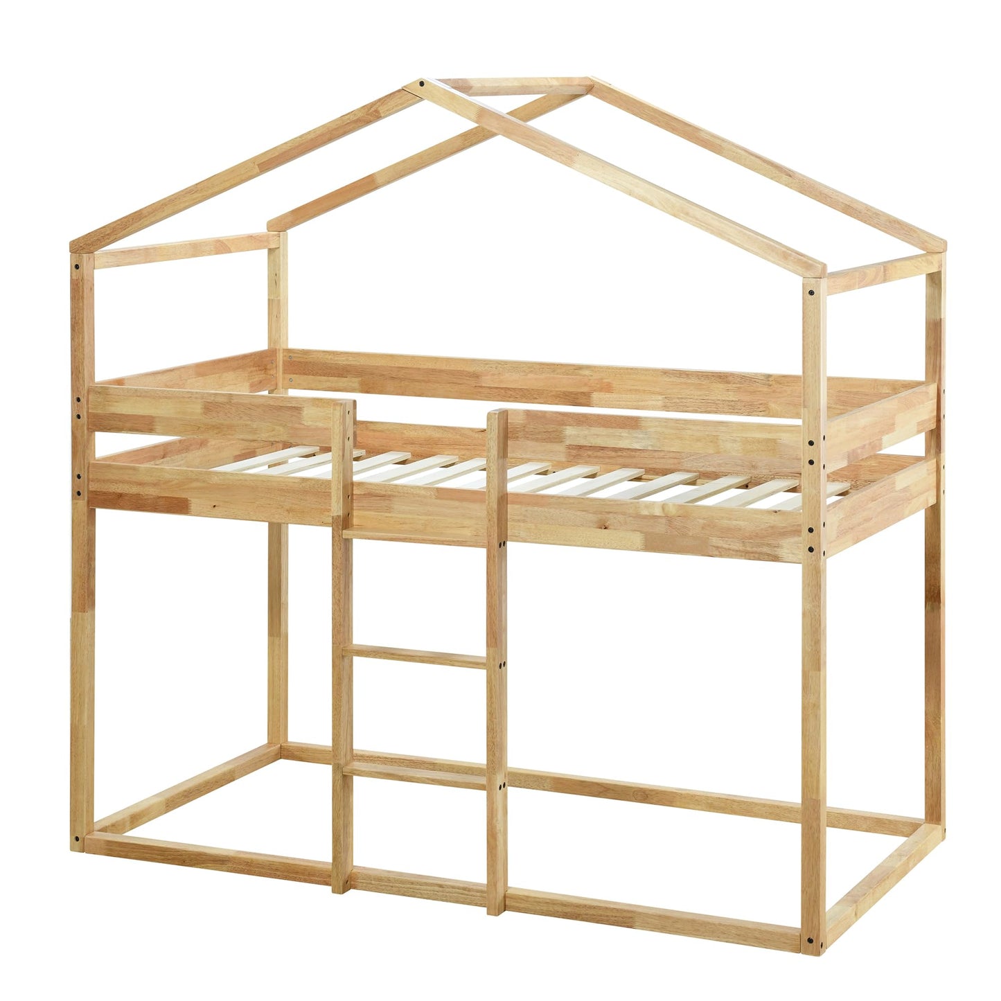 Merax Twin Over Twin Bunk Bed Wood Frame with Beige Cotton Tent,House-Shaped for Kids Toddlers Teens Girls Boys,Natural