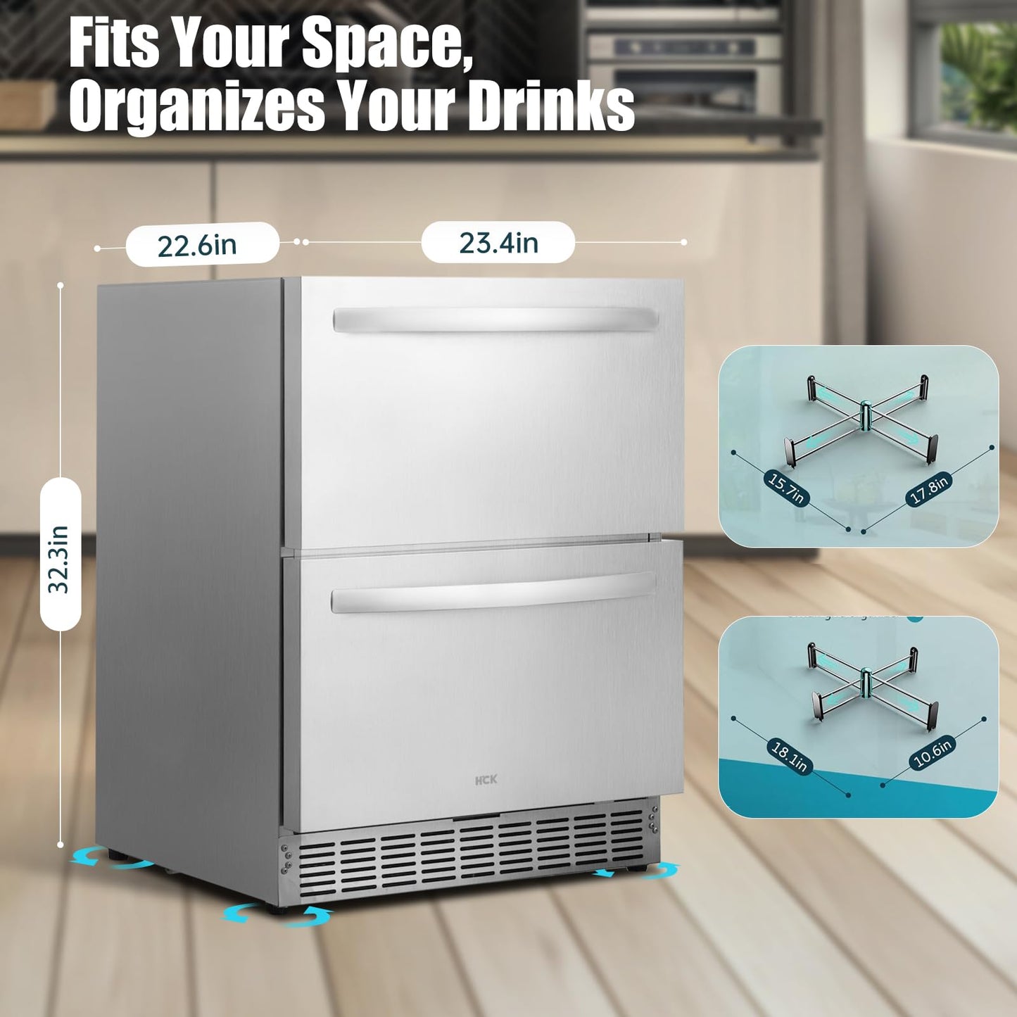 HCK 24 Inch Under Counter Double Drawer Fridge, Stainless Steel Outdoor Beverage Refrigerator for Patio, Built-in Beverage Fridge for Home & Commercial Use