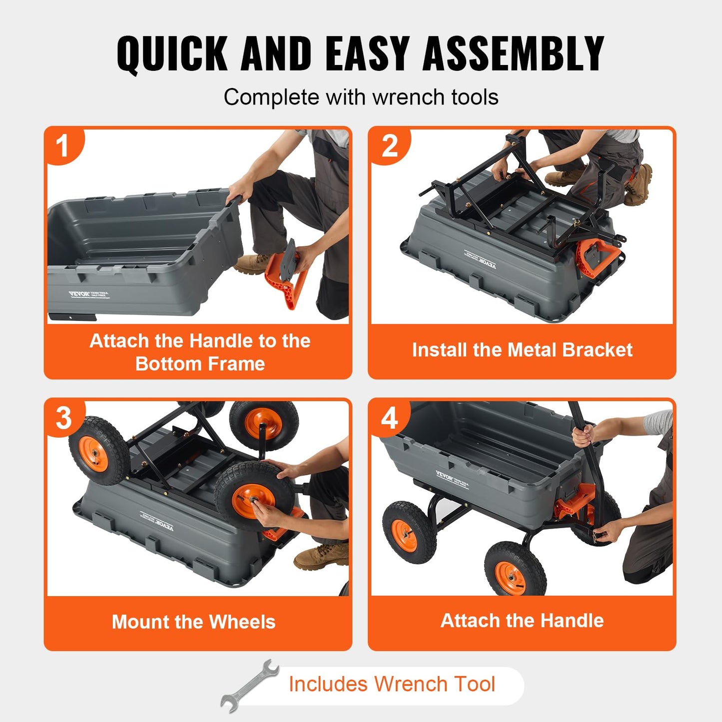 VEVOR 1200lbs 7Cu.Ft. Garden Dump Cart with 2-in-1 Convertible Handle and 13in All Terrain Wheels, Heavy Duty Poly Yard Dump Wagon Utility ATV Trailer Dump Cart Tow Behind for Lawn Mower Tractor