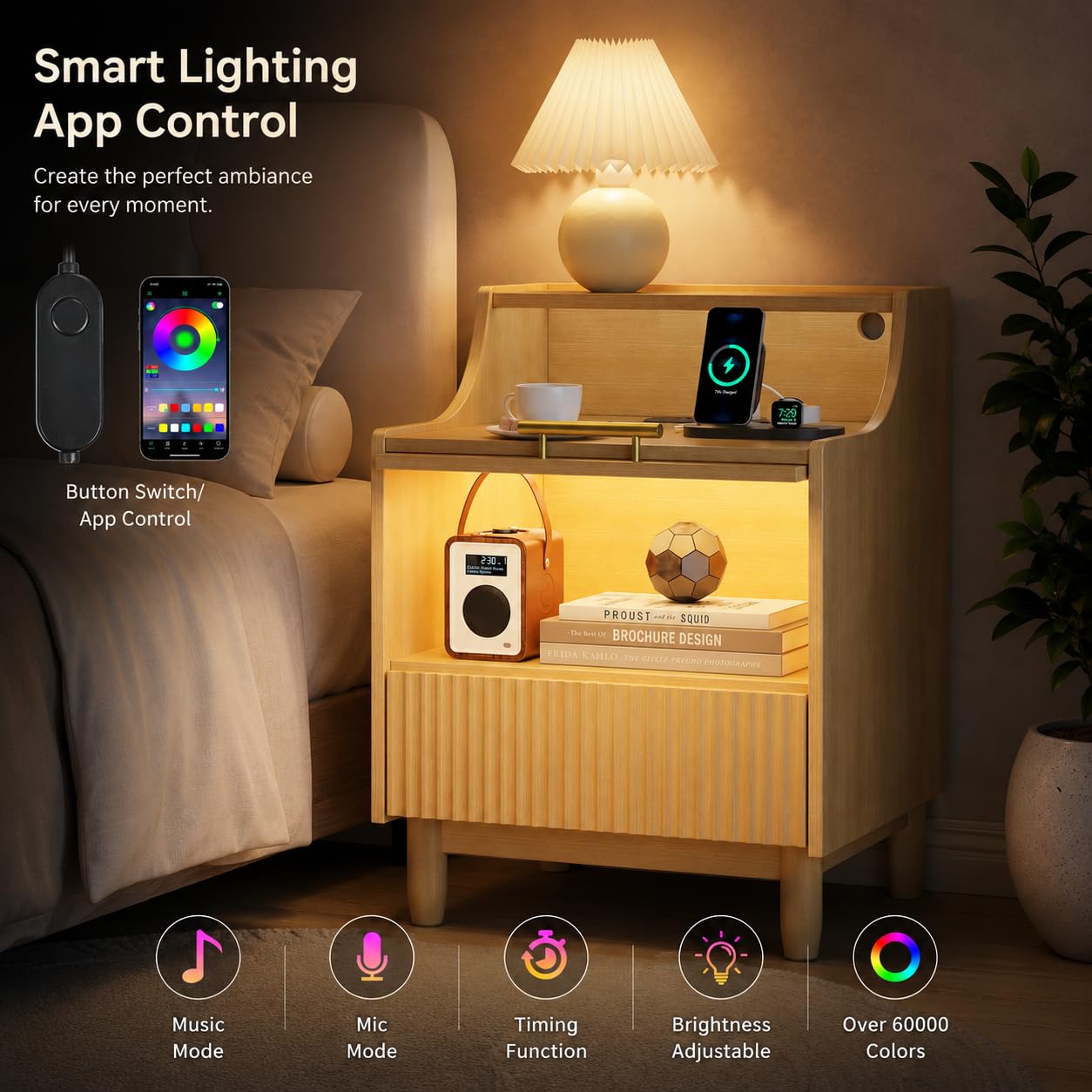 Einhomn Nightstand Set of 2 with Charging Station & LED Light, Fluted Beside Table with Drawer & Transparent Storage, Side Table for Living Room, Narrow Bedside Table for Bedroom Small Space, Natural