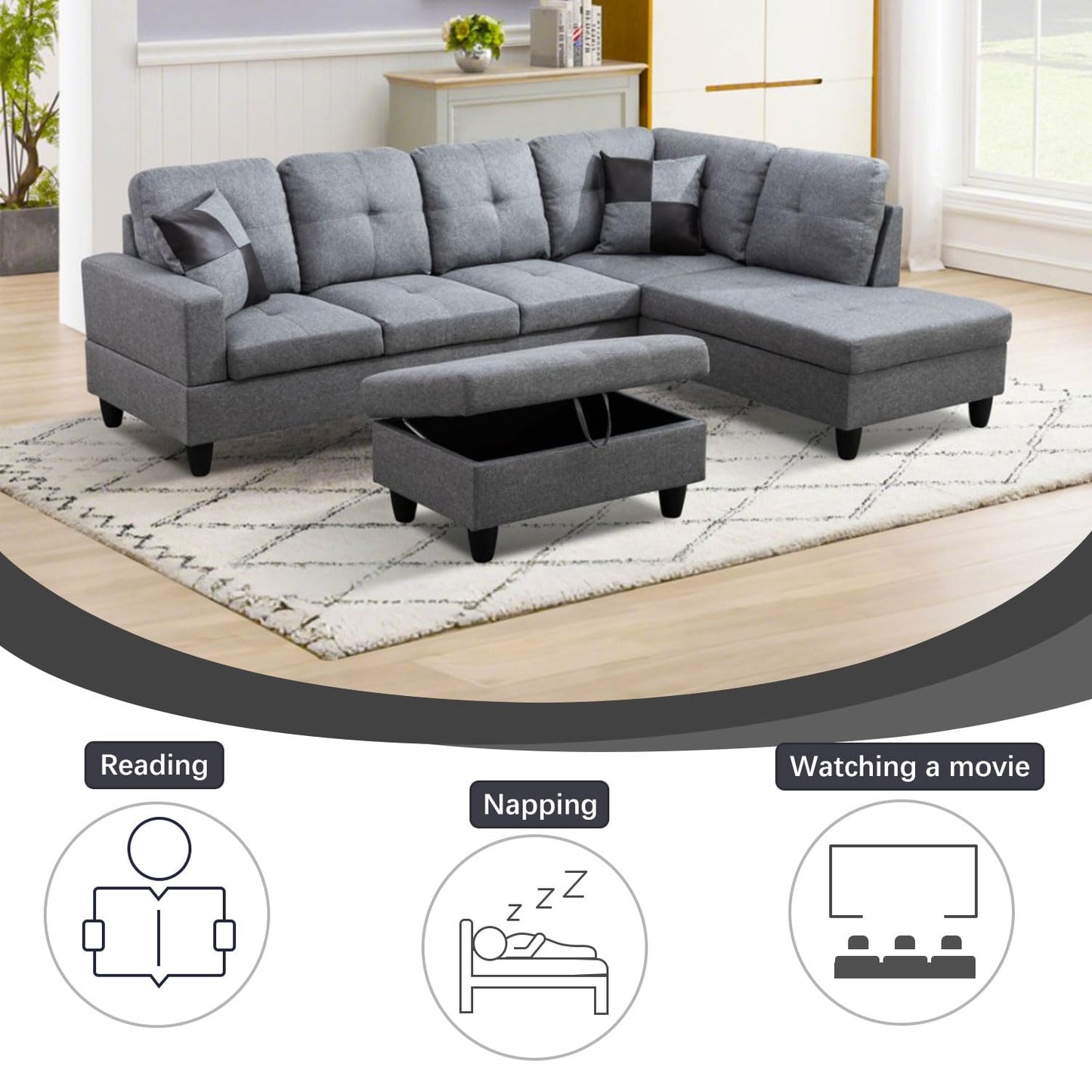 UOCFYK L-Shaped 3-Piece Linen Sofa with Storage Ottoman Set, Sectional Couch Sofa Set for Living Room, Office, Small Space, Grey