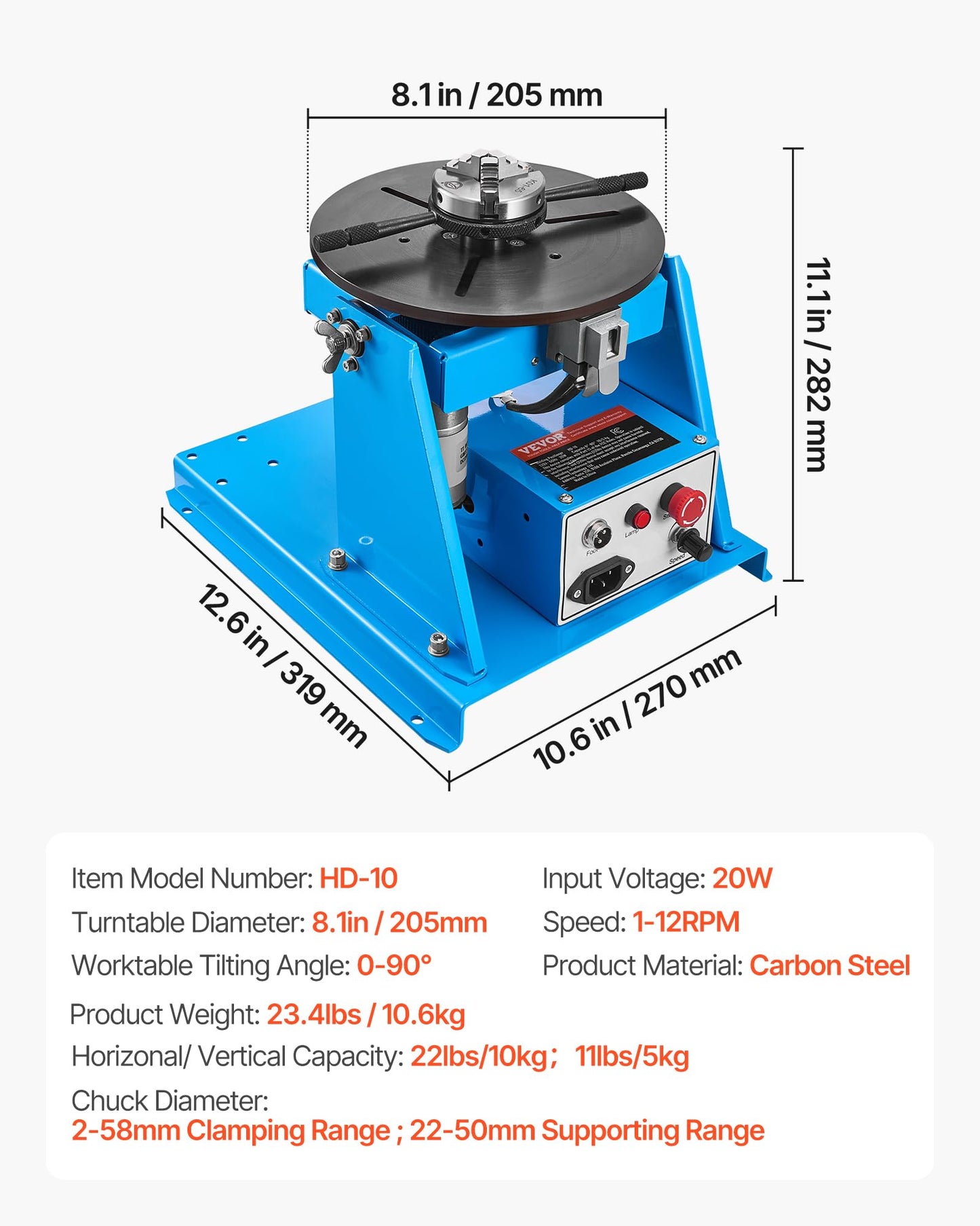 VEVOR Rotary Welding Positioner 10KG, 1-12 RPM 20W, Adjustable 0-90° Turntable with 8.1 Inch 3-Jaw Chuck, Compact Welder Machine for Precision Cutting, Grinding, Assembly, and Testing