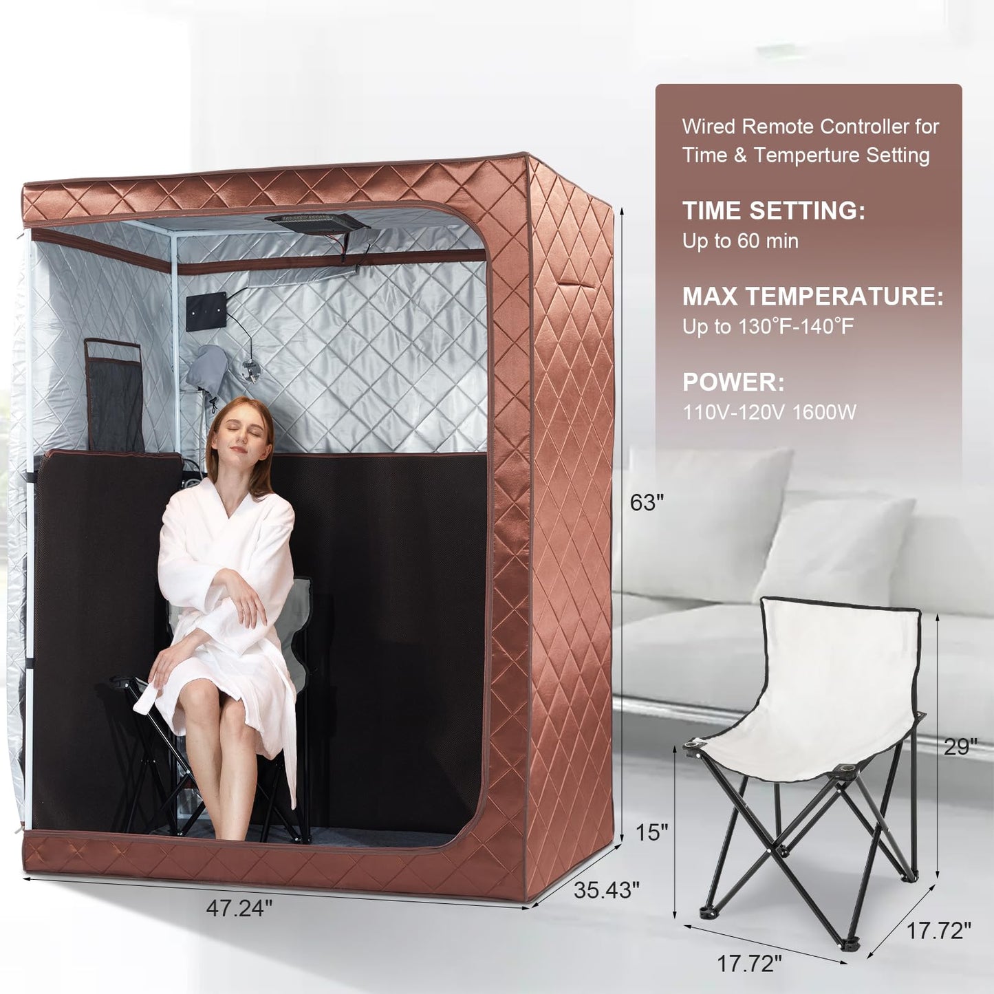 amocane 2 Person Portable Infrared Sauna, Oversize Full Body Home Sauna Spa for Relaxation & Detox, Dry Heated Saunas Tent with Remote Control, 2 Foldable Sauna Chairs(L 47.24" x W 35.43" x H 62.99")