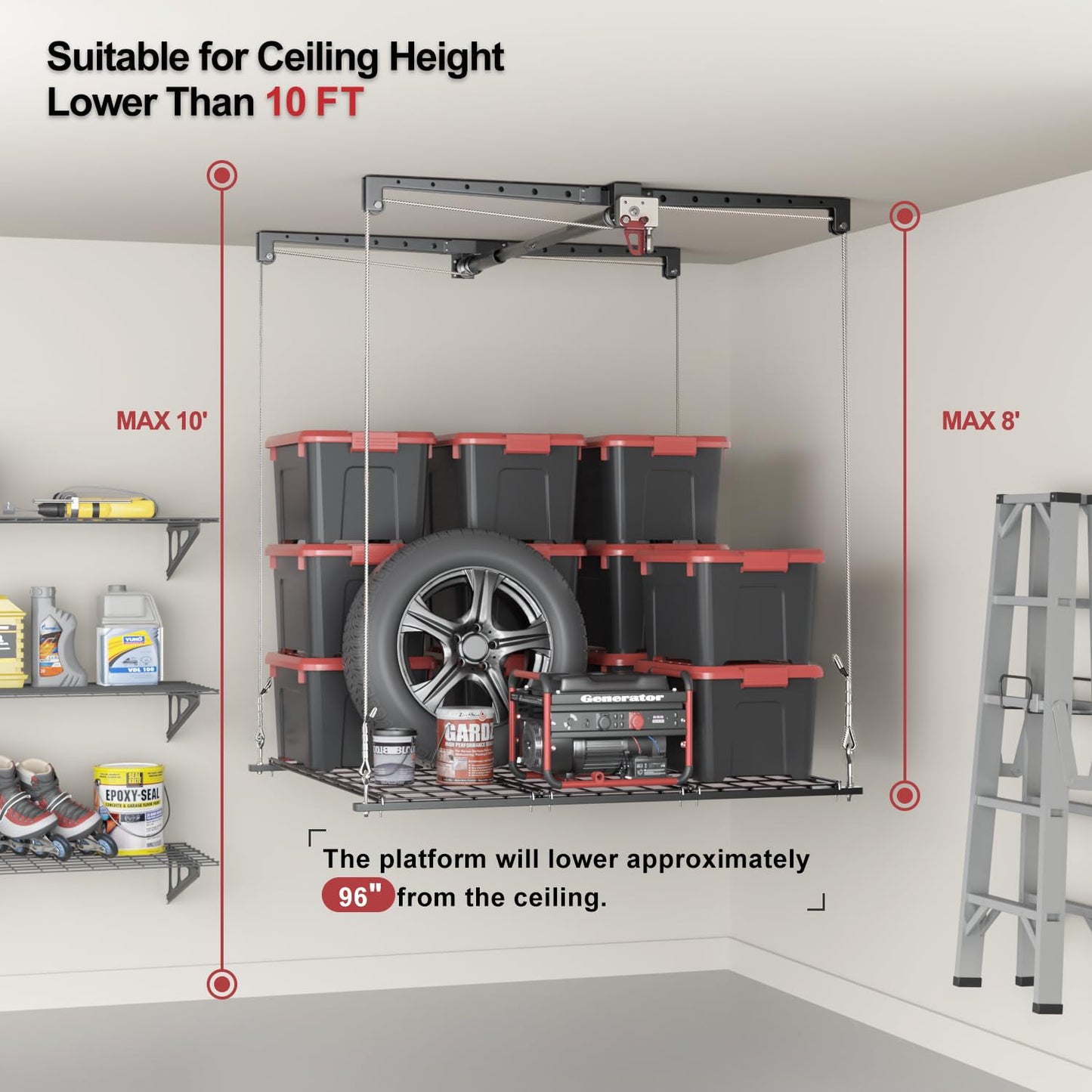 Overhead Garage Storage Rack for 8-10 FT Ceiling, Heavy-duty 4x4 FT Ceiling Storage Racks with Safety Lock, Ideal for Garage Storage Mounted Lift System and Storage Organizer, 250lb Capacity