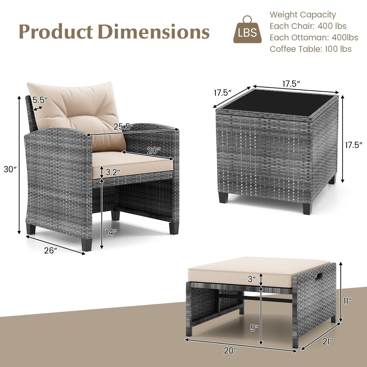 Tangkula 5 Pieces Patio Conversation Set, PE Wicker Rattan Outdoor Furniture Set with 2 Chairs, 2 Ottomans & Tempered Glass Coffee Table, Ideal for Poolside, Backyard, Lawn, Deck, Mix Grey & Beige