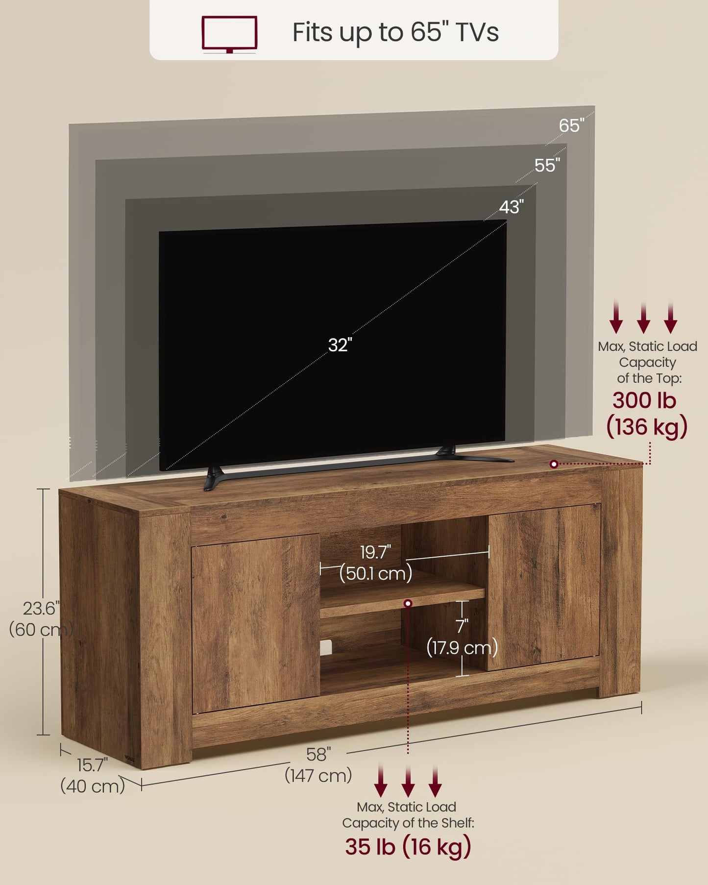 VASAGLE TV Stand, Farmhouse Entertainment Center with Storage Cabinets, Media Console Table for Living Room, Bedroom, for 65 Inch TV, 58 x 15.7 x 23.6 Inches, Honey Brown ULTV623K101S