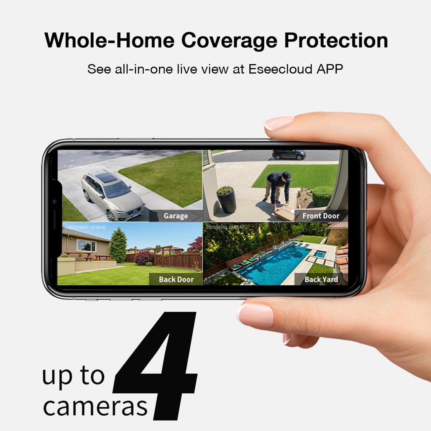 ELYSOO Solar Security Cameras Wireless Outdoor, 64GB Local Storage Included, 2K/4MP Home Security Camera System, 4-Cam Kit, 2.4G & 5GHz WiFi, PIR Motion Detection, 360° View