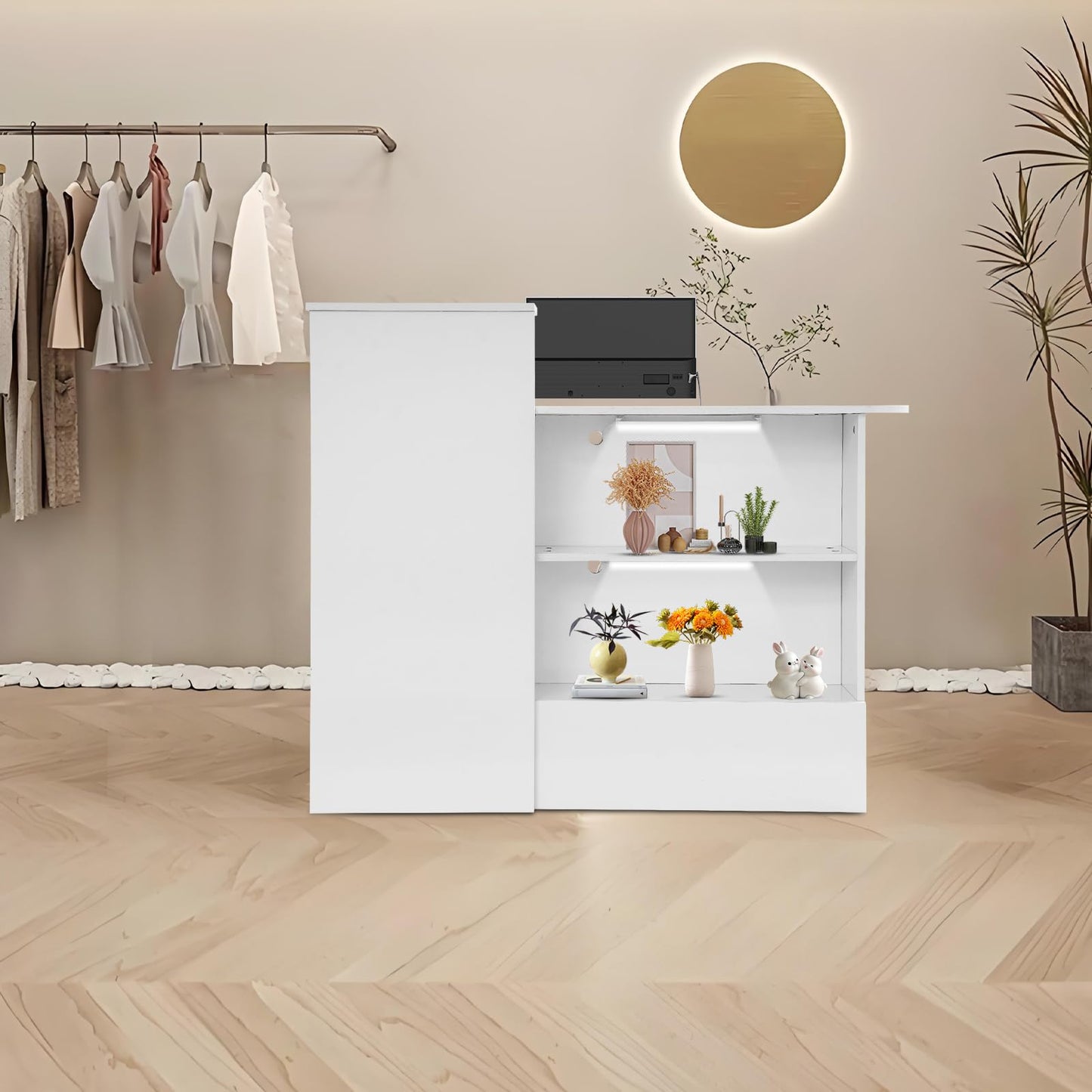 DDBESSIC Reception Desk Counter with Lockable Drawer and Open Shelves, Office Front Desk with Lights, 47 X 20in Reception Counter for Offices, Stores, Restaurants, Beauty Salons (White)