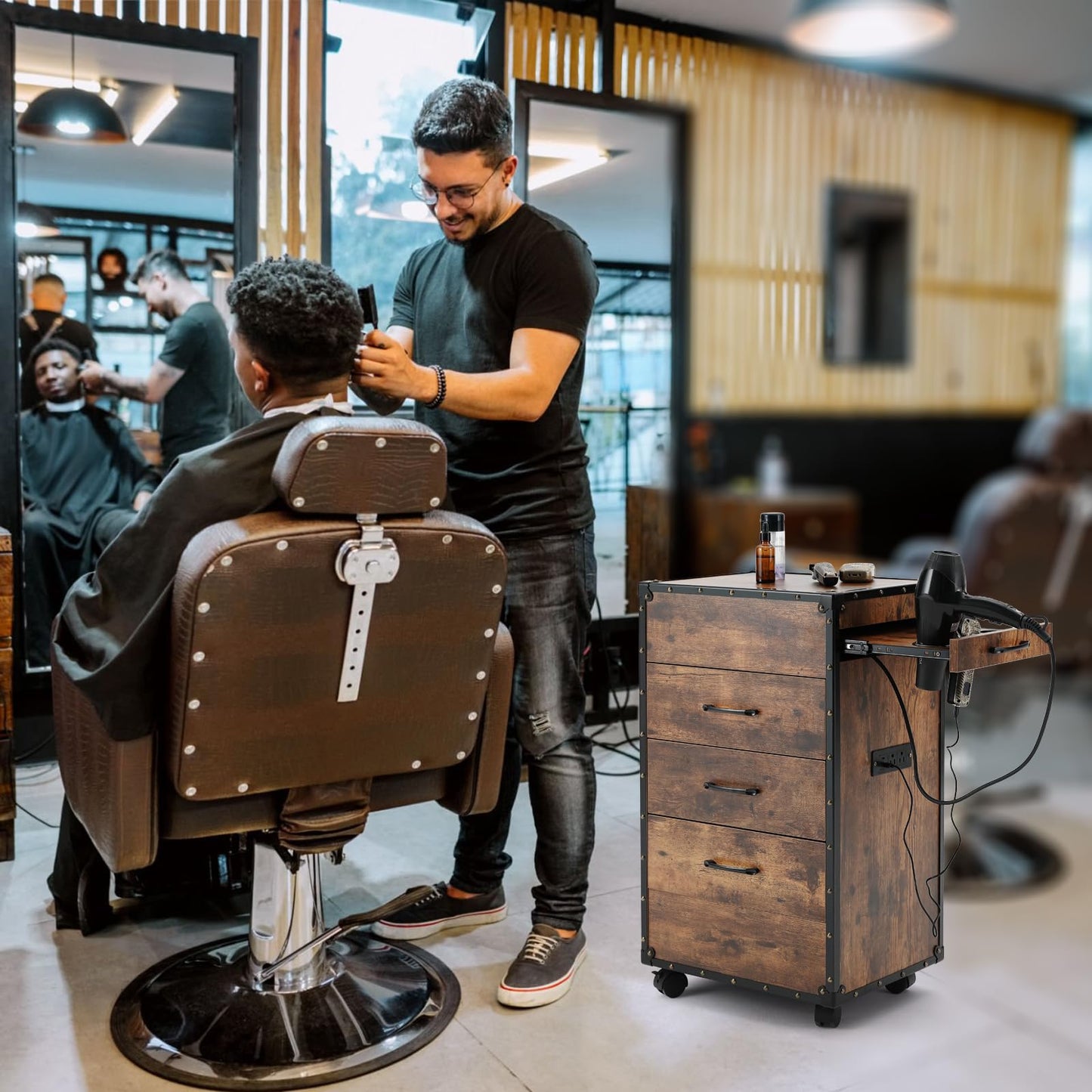 Artist hand Salon Trolley Cart with Wheels Barber Station with Drawers,Power Outlets,Hair Dryer Holders, Hair Stylist Equipment Storage Cabinet for Barbershop Spa Studio