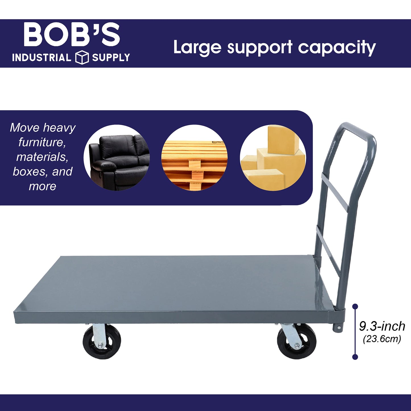 BISupply Platform Truck Industrial Flat Dolly Cart with Wheels - Heavy Duty 24 x 48 Cart - 2000lb Capacity Flatbed Hand Truck 1 Pack