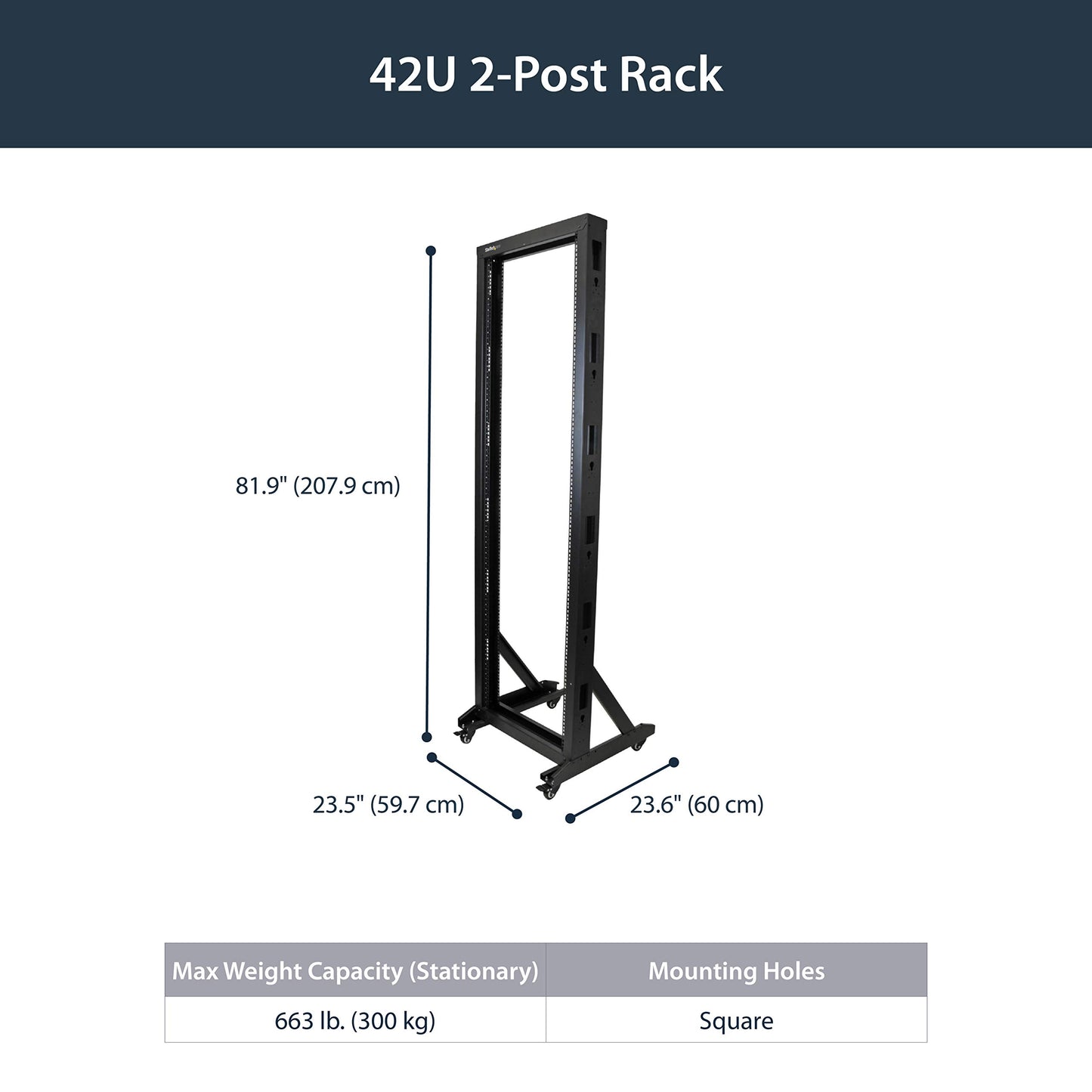 StarTech 42U 2-Post Open Frame Server Rack, 19in Rolling IT Rack with 661lb (300kg) Weight Capacity, Space-Saving Floor-Standing Network Rack