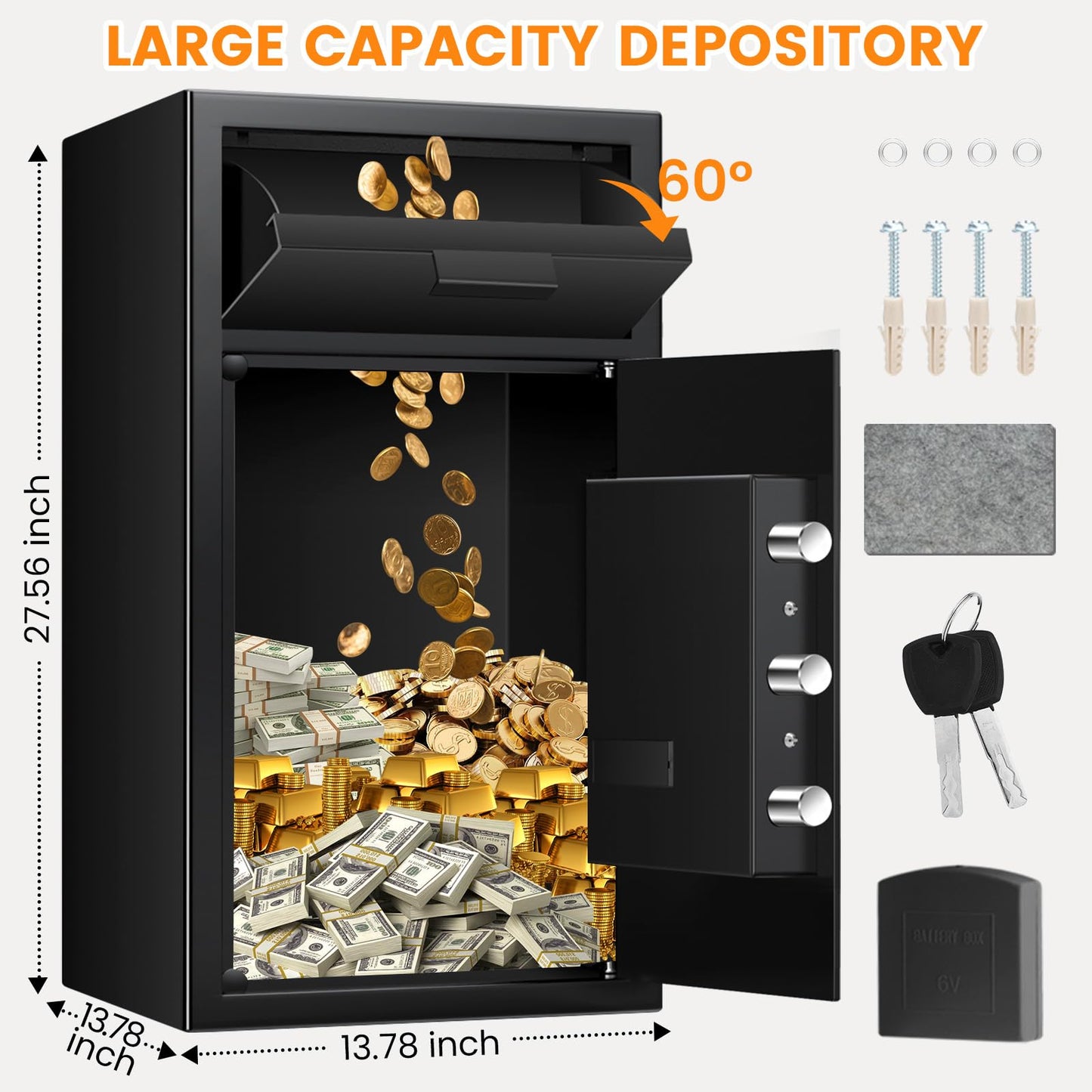 5.8 Cuft Commercial Depository Drop Safe for Business, Anti-theft Cash Safe Box with Drop Slot, Digital Combination Lock and Spare Keys, Heavy Duty Cash Drop Safes for Business Retail Bar Food Trucks