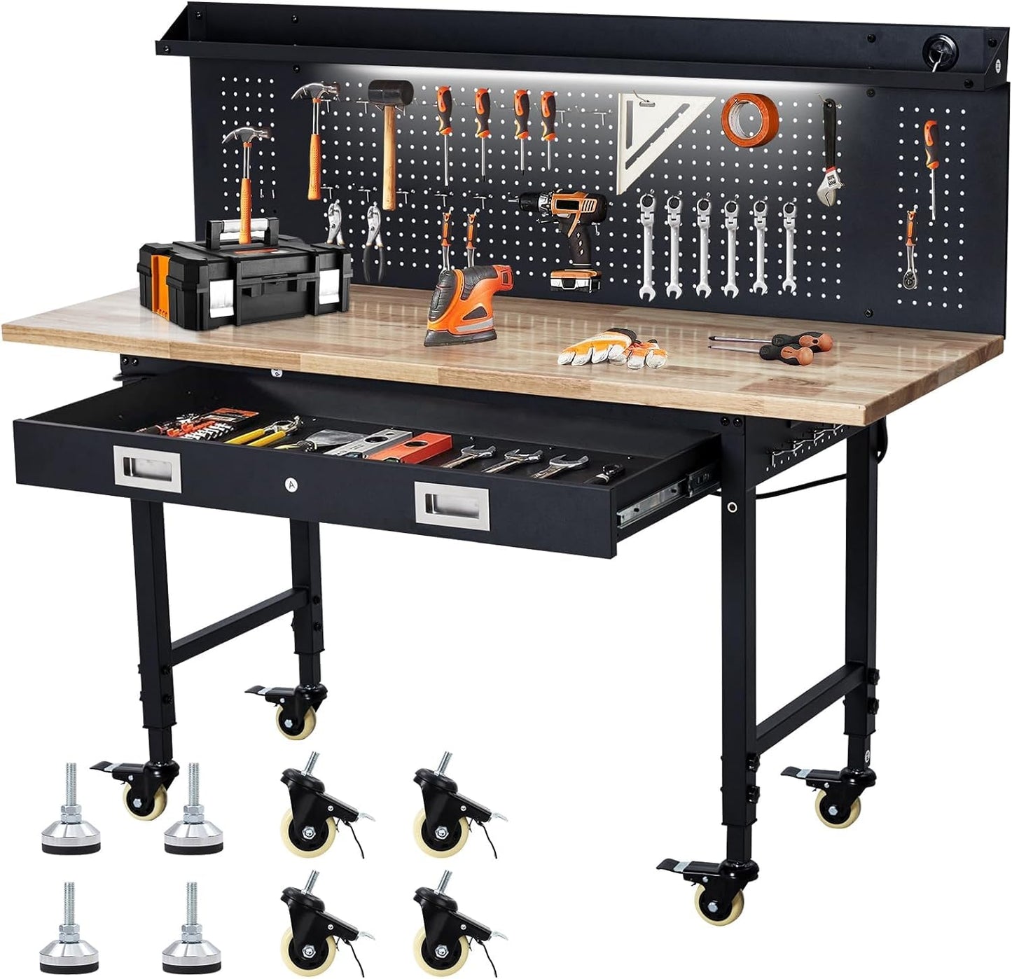 Workbench 60" x 22" Adjustable Height Worktable, Heavy Duty Rubber Wood Top, 2000 LBS Load Capacity, Tool Storage Workstation with Drawer, Pegboard, Power Outlets & Lockable Wheels, with Drawer Back