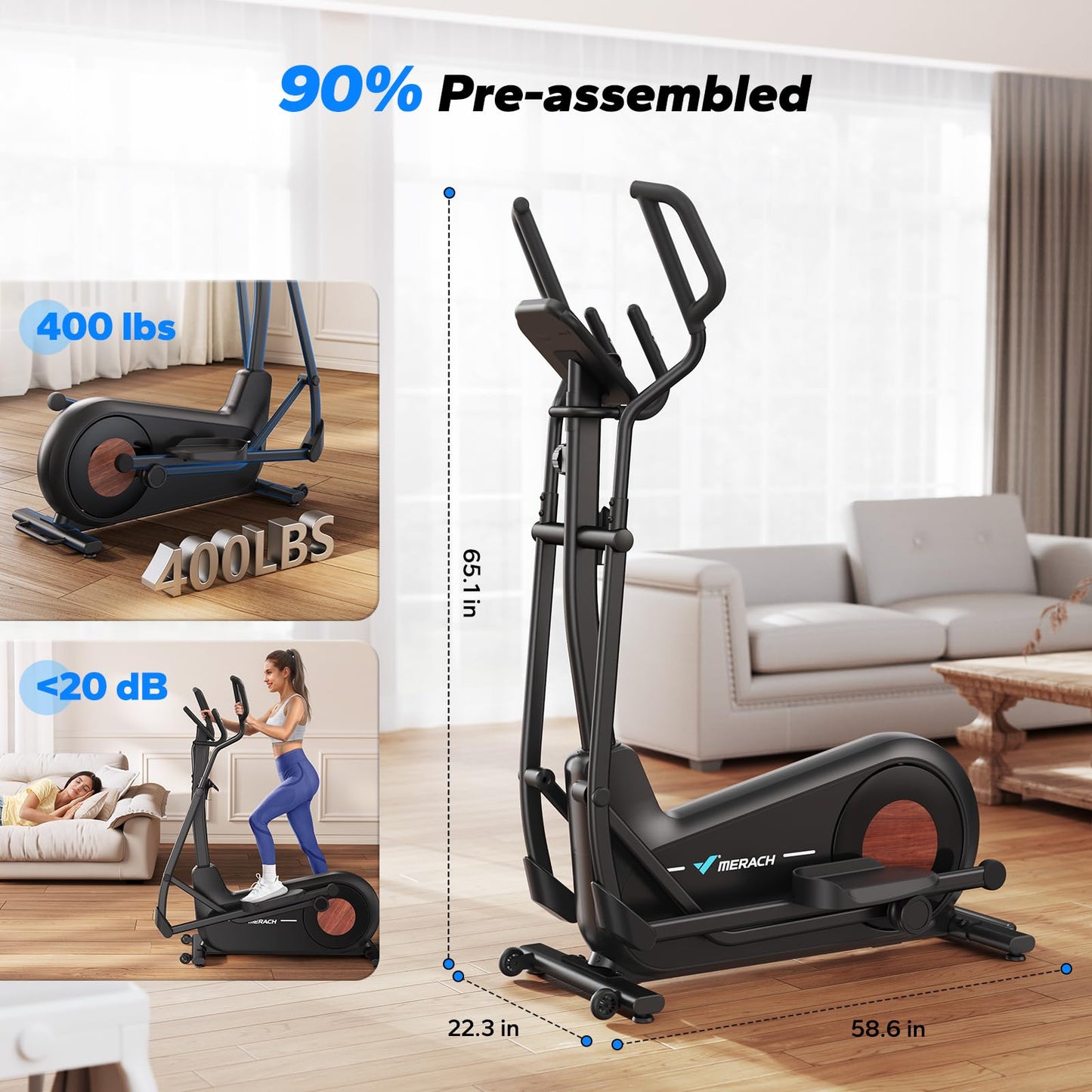 MERACH Elliptical Machine, Elliptical Exercise Machine for Home Self-Powered with Hyper-Quiet Magnetic Drive, Elliptical Training Machines with 16.5IN-19IN Stride, Smart Automatic Resistance