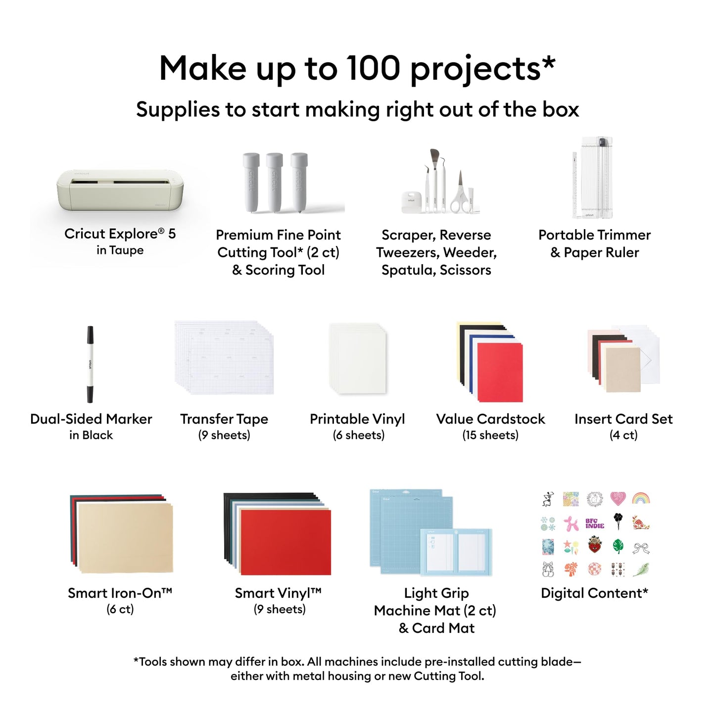 Cricut Explore® 5 Deluxe Bundle + Digital Content, Taupe - Precise Cutting Machine - Works with 100+ Materials - Sleek, Simplified Design - Includes Supplies for 100 Projects + Bonus Digital Content