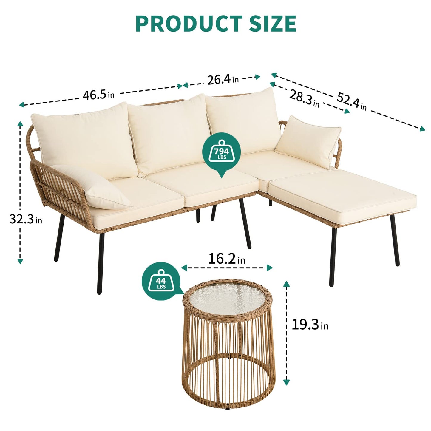 YITAHOME Rope Woven Sectional L-Shaped Sofa, 3 Pieces Patio Furniture Set for Patio Backyard Poolside, Wicker Conversation Set with Cushions, Detachable Lounger, Side Table - Beige