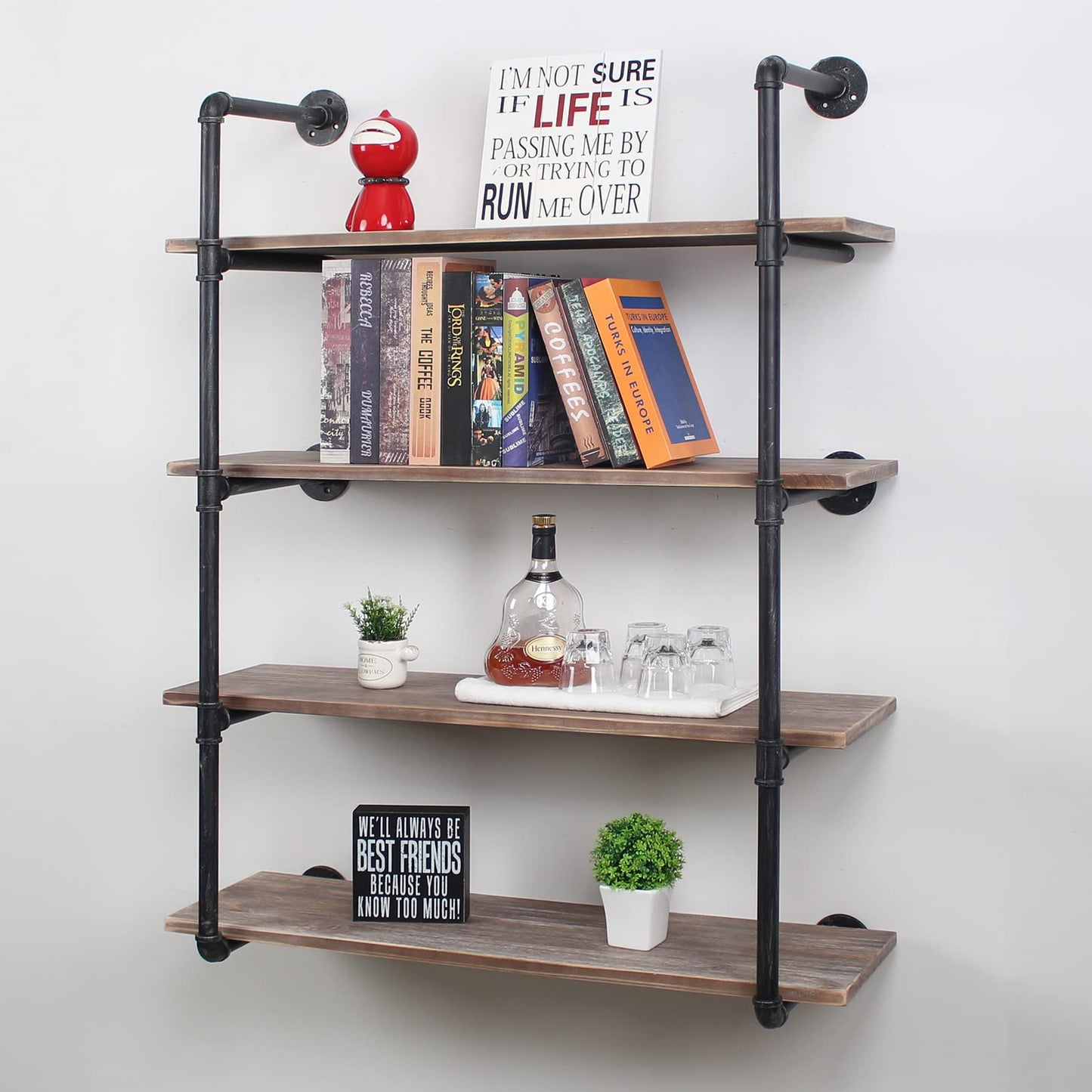 MBQQ Industrial Pipe Shelving Wall Mounted,48in Rustic Metal Floating Shelves,Steampunk Real Wood Book Shelves,Wall Shelf Unit Bookshelf Hanging Wall Shelves,Farmhouse Kitchen Bar Shelving(4 Tier)