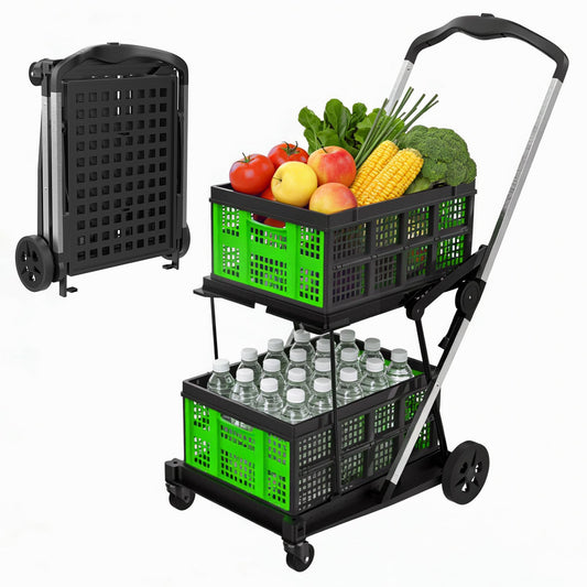 Collapsible Shopping Cart with Wheels,2 Tier Multi Use Foldable Shopping Cart with 2 Storage Crates,Folding Shopping Trolley Utility Cart for Office,Groceries, Warehouse,Supermarket,Picnic (Green)