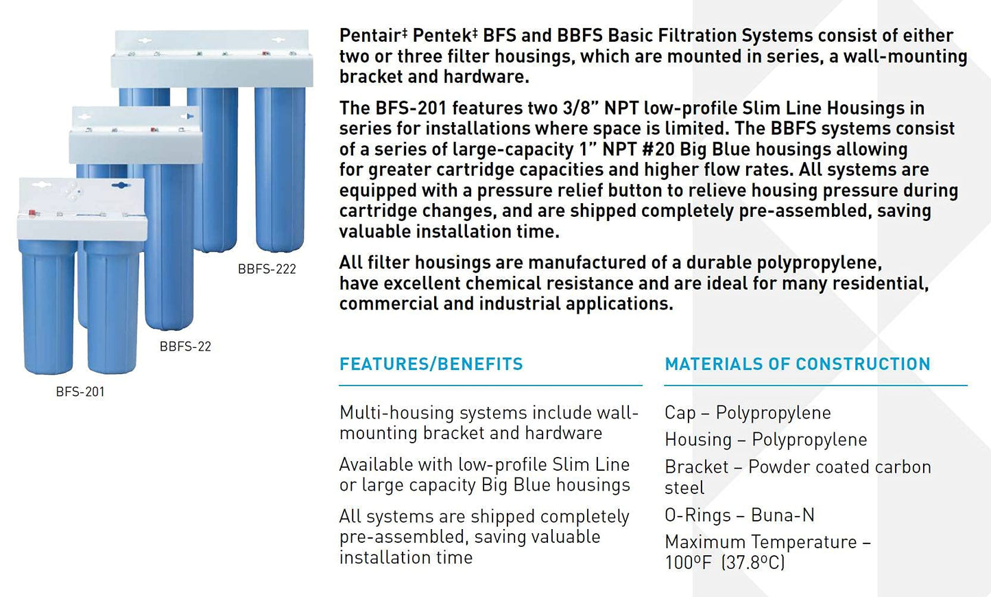 Pentair Pentek BBFS-222 Big Blue Three-Housing Filtration System, 1" NPT #20 High Capacity Water Filter Housing, Holds 20" x 4.5" Filter Cartridges