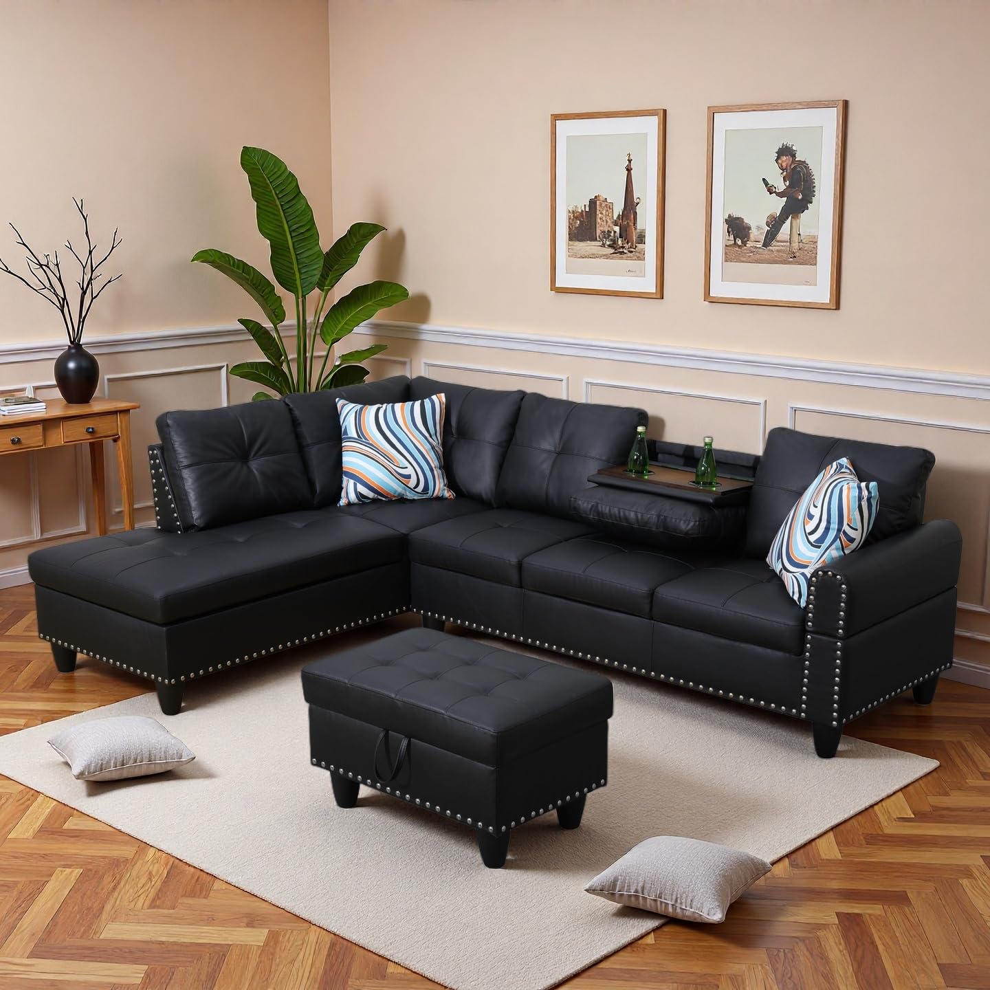 Trygoal Leather Sectional Sofa with Movable Chaise & Storage Ottoman, 3-Piece Modular Convertible L-Shaped Couches for Living Room, Apartment & Office, Black