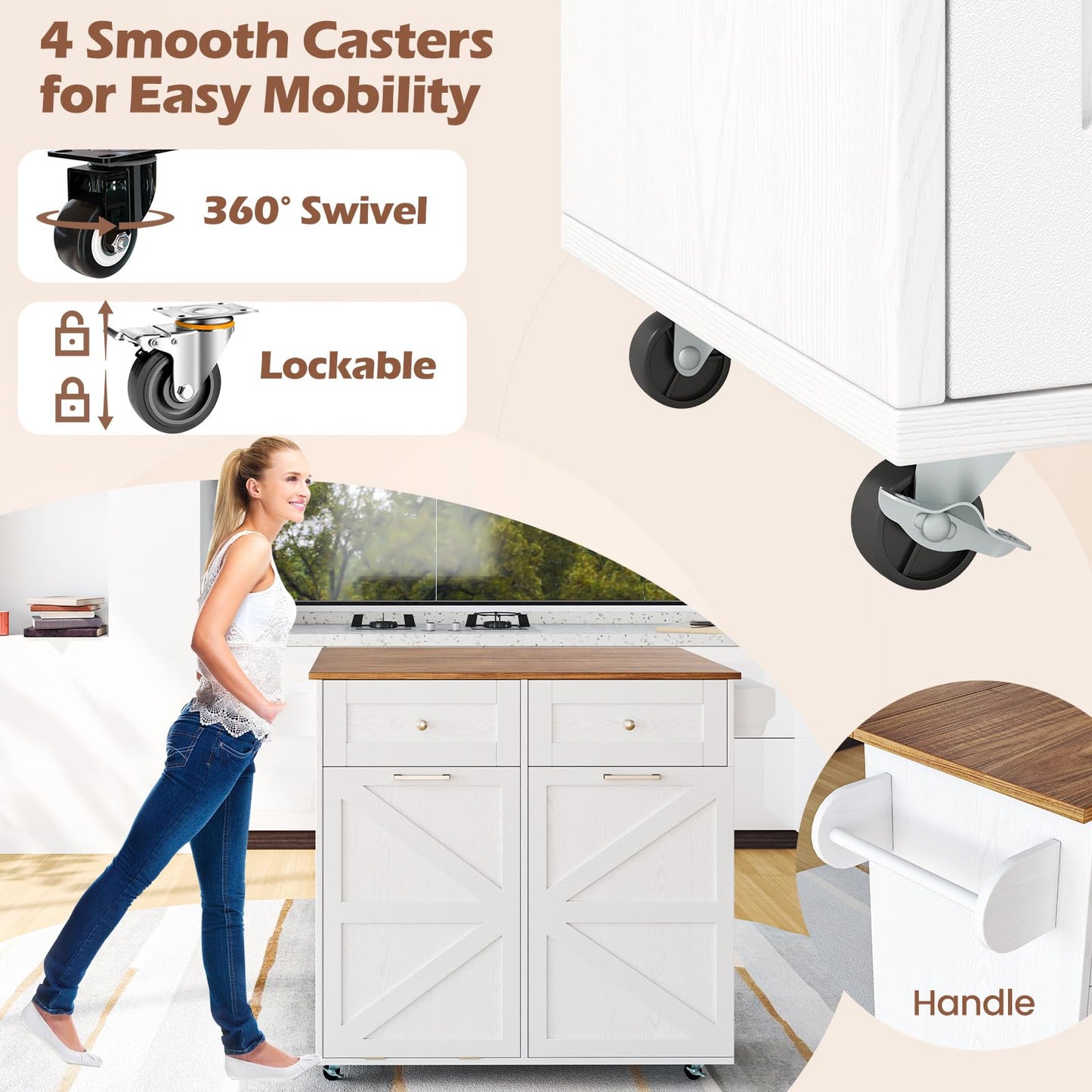 Giantex Kitchen Island Cart with Hidden Tilt Out Trash Can Cabinet, Drop Leaf, 2 Drawers, Towel Rack, Rolling Mobile Breakfast Bar Table, Wood Kitchen Storage Cart on Wheels (White & Natural)