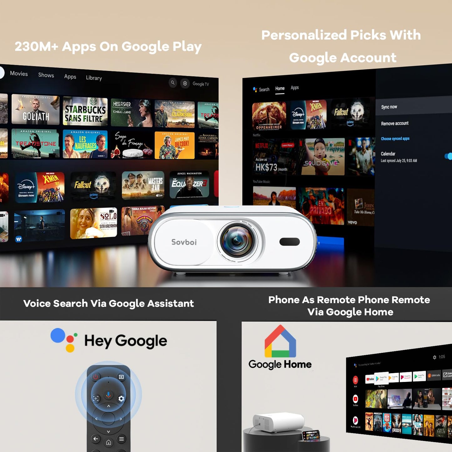 Outdoor-Projector with Google TV:3000 Brightness/Auto Lens Cap & 4D Keystone/Auto Focus & AI Voice Control, Sovboi Portable-Projector with WiFi & Bluetooth, Smart Movie Proyector for Streaming Apps