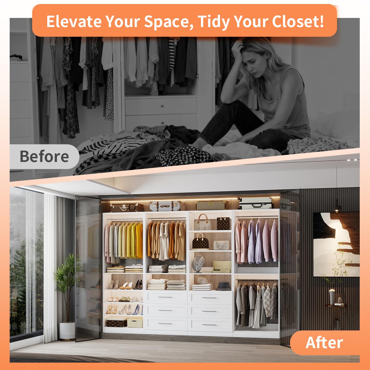 Closet System with 4 Sets, 8–21 FT Closet System with 6 Drawers, 9 Shelves & 8 Hanging Rods, Heavy Duty Closet Organizer System for Walk in Closets, Modular Custom Wood Closet Kit, White