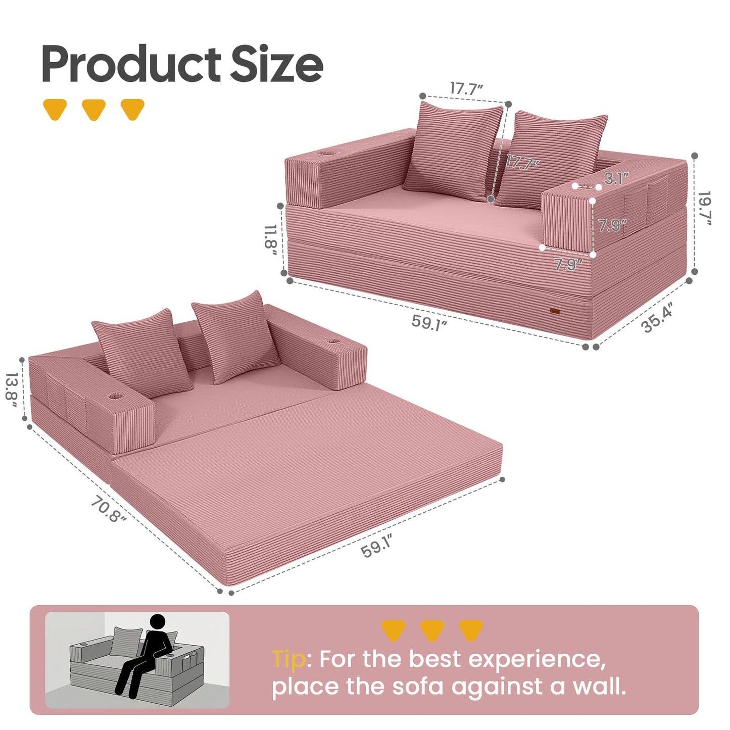 COMAX Futon Sofa Bed, 4‑in‑1 Convertible Sofa Bed, Folding Boneless Couches for Living Room, Fold Out Small Foldable Loveseat Floor Sleeper Comfy Mattress Lounge Space‑Saving, Pink