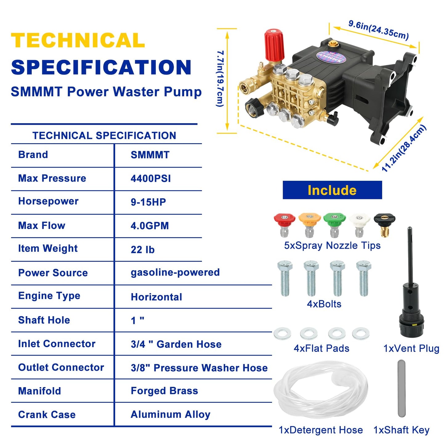 Pressure Washer Pump Max 4400 PSI 4 GPM, 1" Shaft Horizontal Gas Power Washer Pump Replacement, Direct Drive Triplex Plunger Replacement Pump with Pressure Adjustment Unloader
