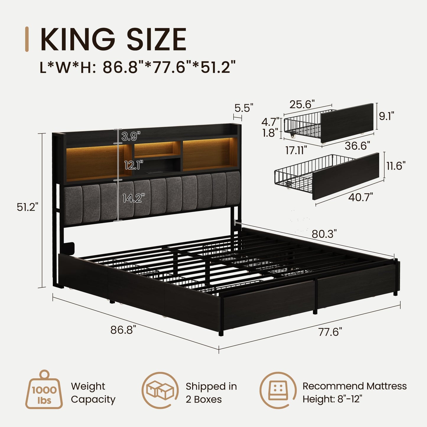 BRELTAM King Bed Frame with 6 Storage Drawers, Linen Upholstered Headboard, Built-in USB Charging Station & LED Lighting, Silent Metal Support, No Box Spring Needed, Vintage Black