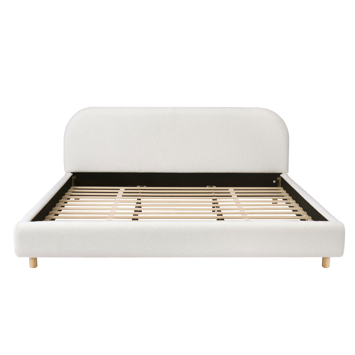 Christopher Knight Home Hazel California King Bed Frame with Headboard, Boucle Upholstered Platform Bed, Wooden Frame, Soft Curved Headboard, Slats Panel Support, No Box Spring Needed, White