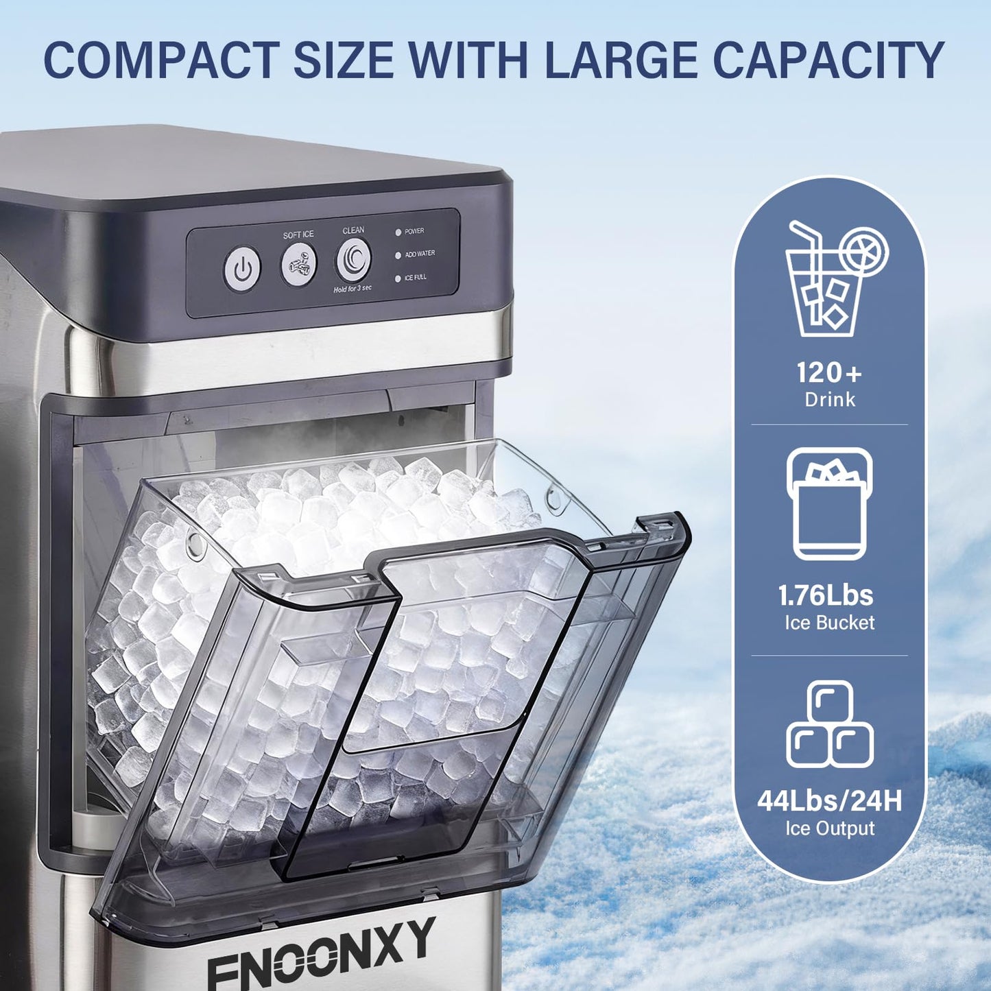 FNOONXY Nugget Ice Maker Countertop,44 lbs/24h Chewable Pellet Ice Machine with 4.5L Side Water Tank,6-8 Mins Fast Ice Making,One-Touch Self-Cleaning,Portable with Ice Scoop for Home,Office & Bar