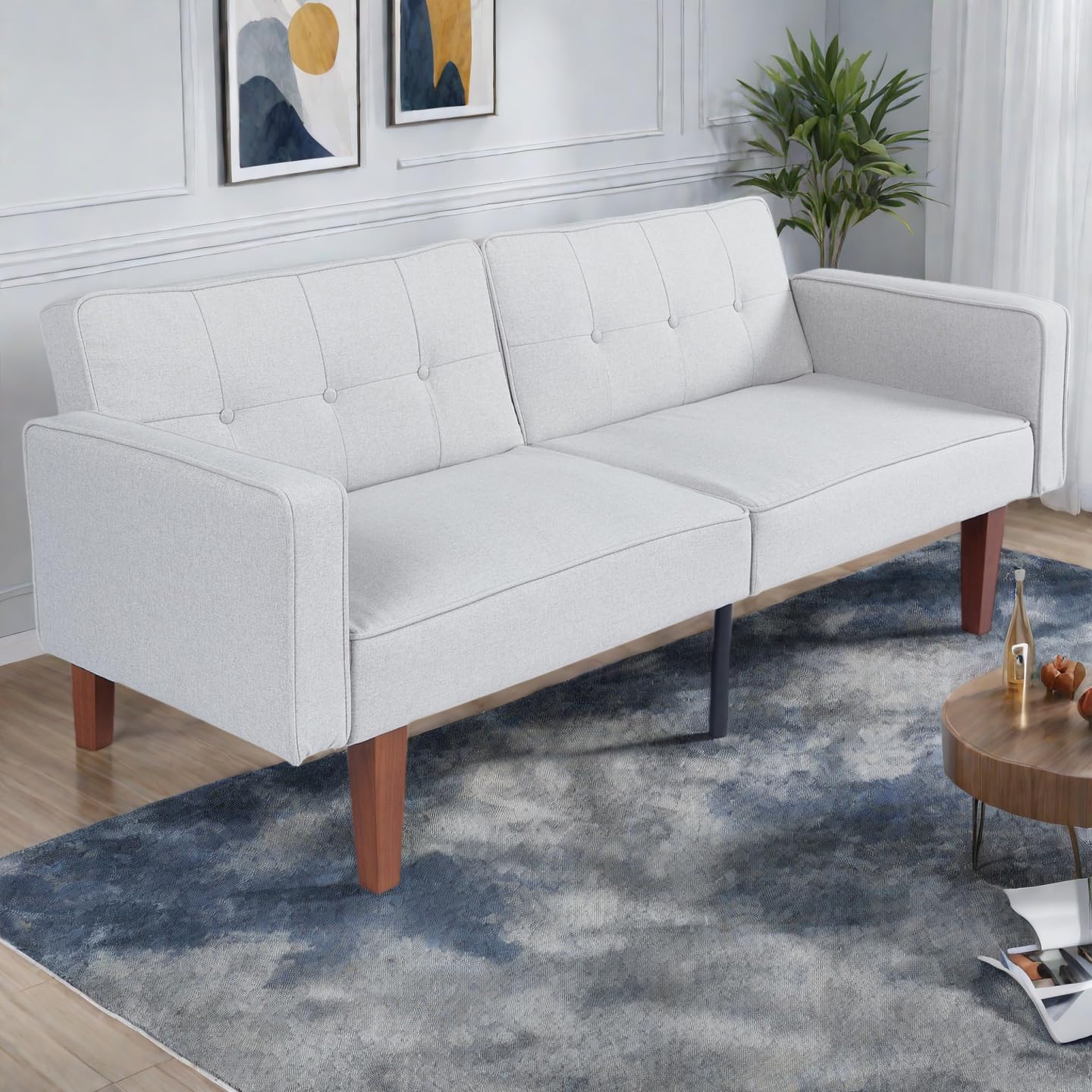 Trygoal Adjustable Backrest Convertable Sofa, Modern Fabric 2-Seat Futon Sofa, Convertible Fabric Sleeper Couch with Armrests, Couch for Living Room Home Office Spaces, Grey